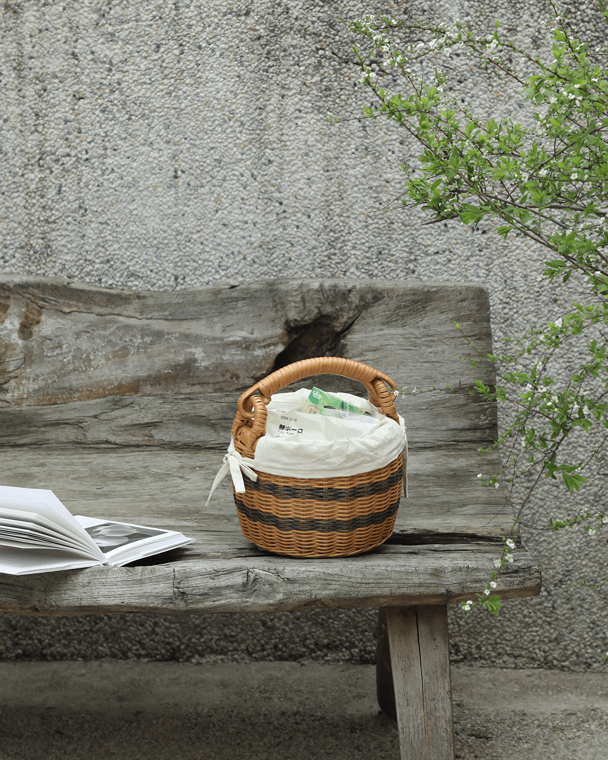 Sunday Picnic Bucket: Handwoven striped rattan basket with white cotton lining.
