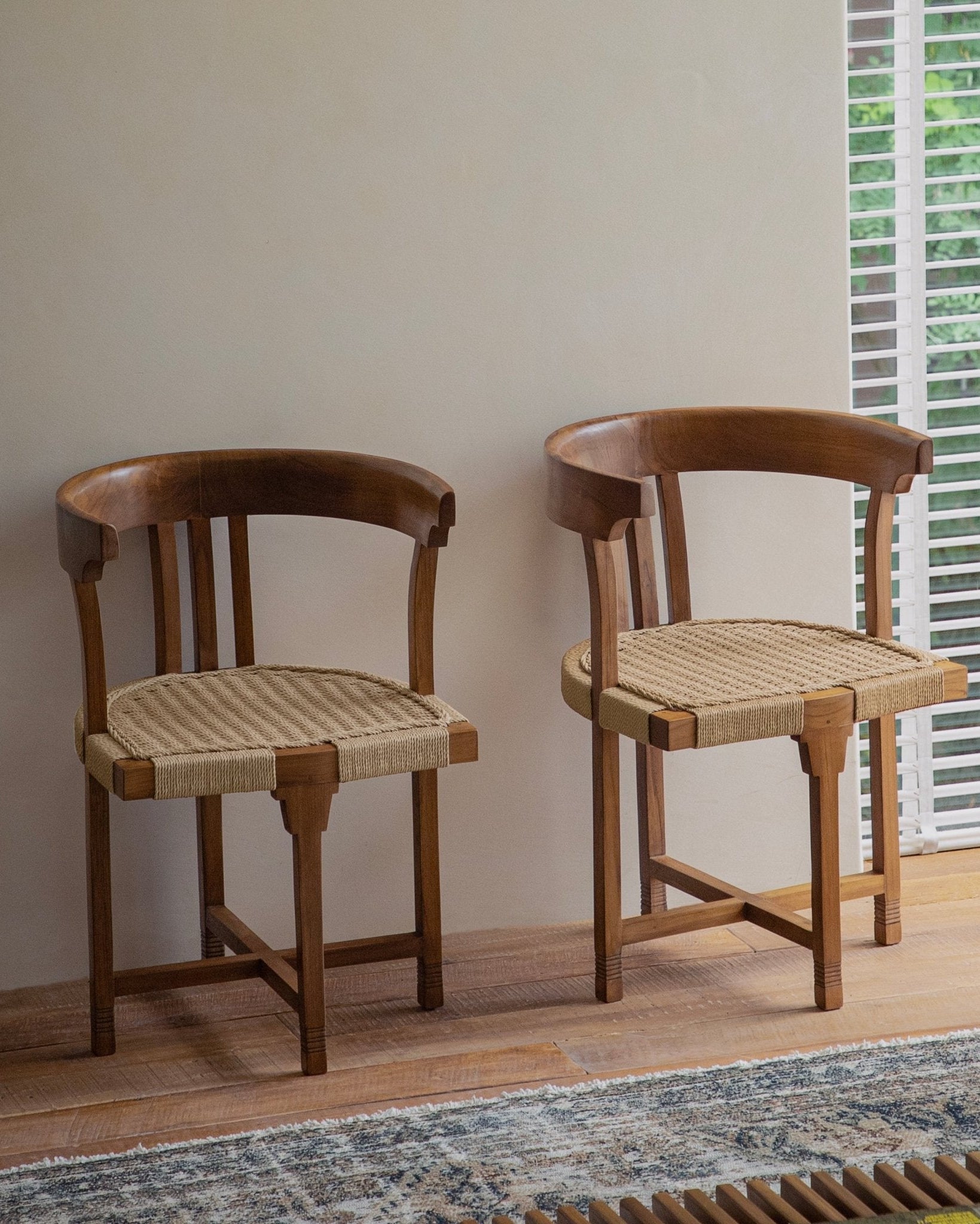 Cord Dining Chair, Teak wood frame with woven seat, perfect for indoor or outdoor use.