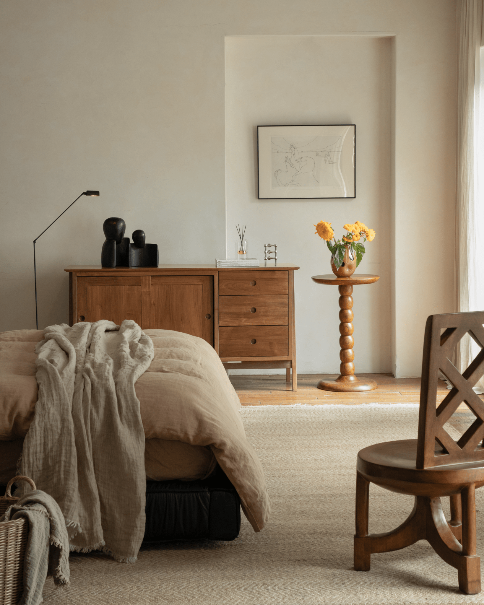 All-teak minimalist sideboard with warm vintage charm, three drawers and sliding door.