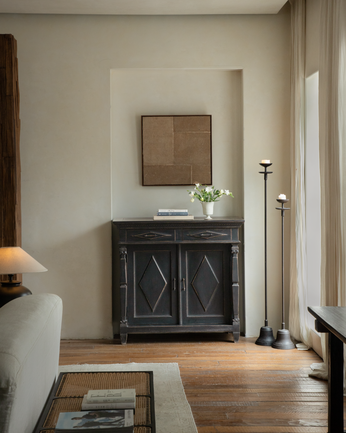 Victoria Teak Cabinet in dark vintage finish with diamond-carved doors and brass handles