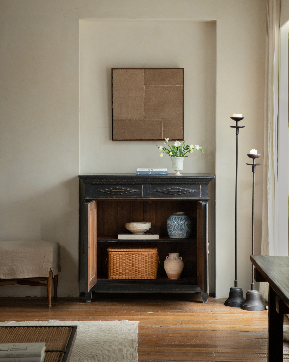 Victoria Teak Cabinet with open doors, drawers, and antique black finish