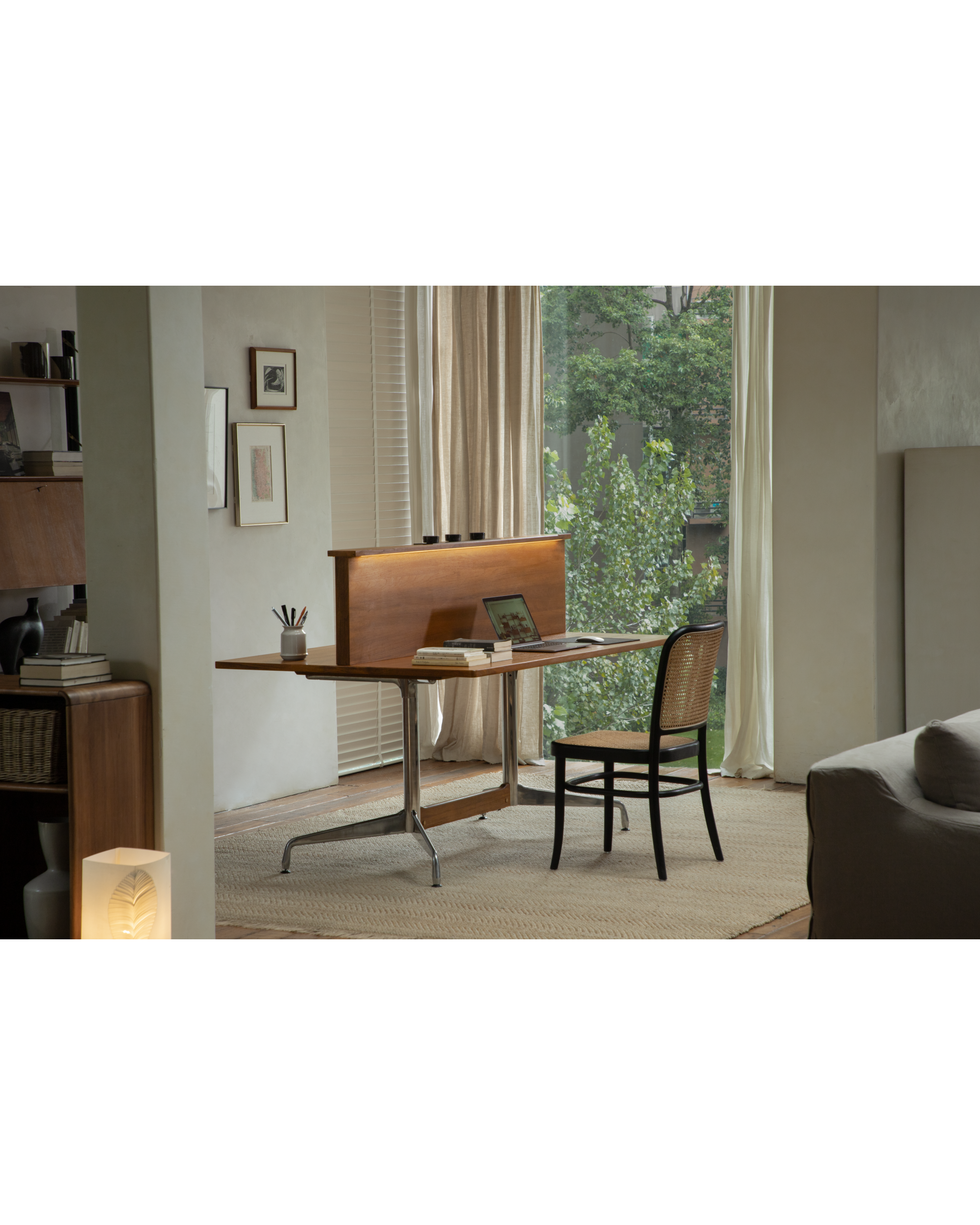 Evan Office Desk with dual teak work surfaces and illuminated riser, aluminum legs.