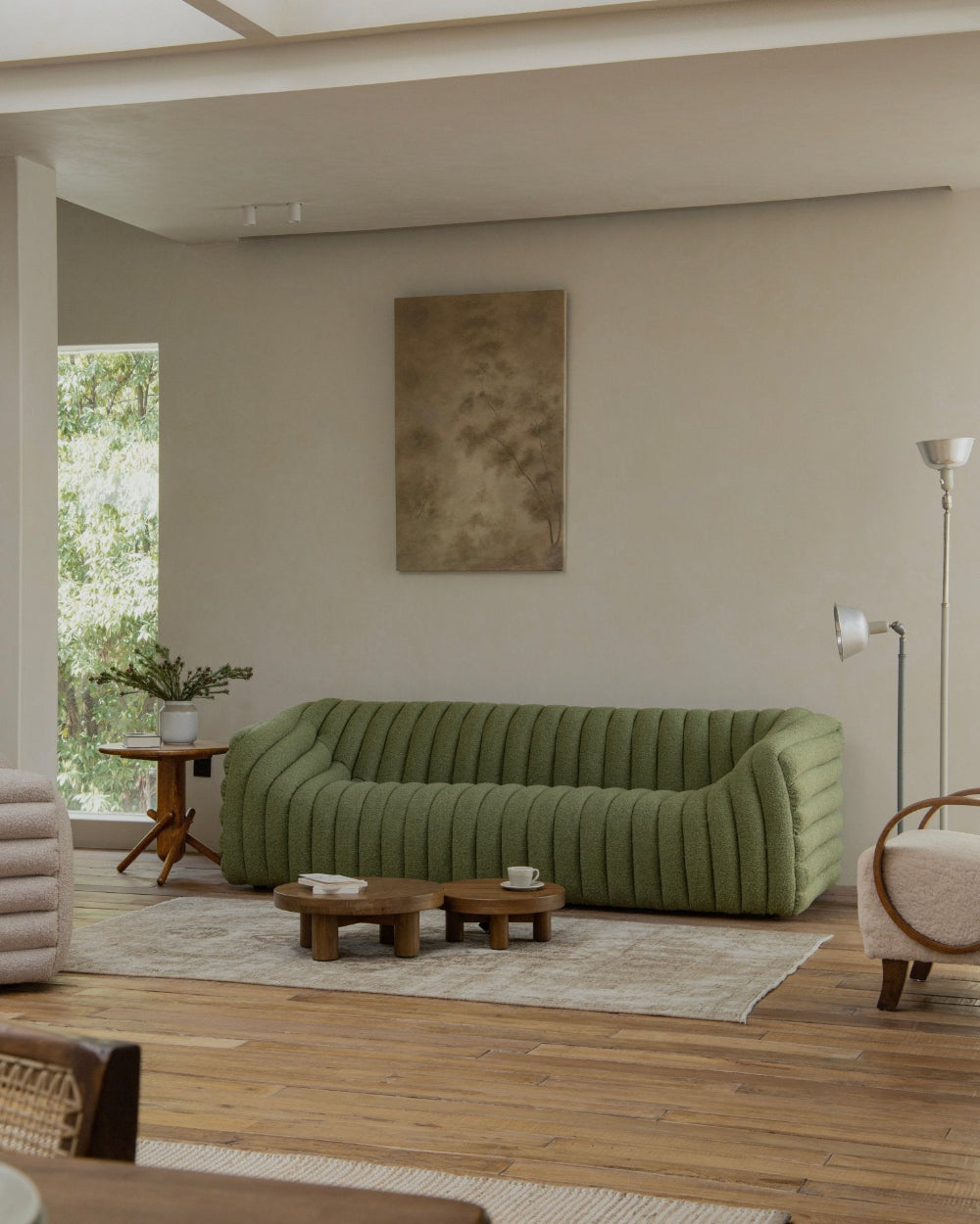 Green Miche Sofa in cozy living room setting with ribbed design