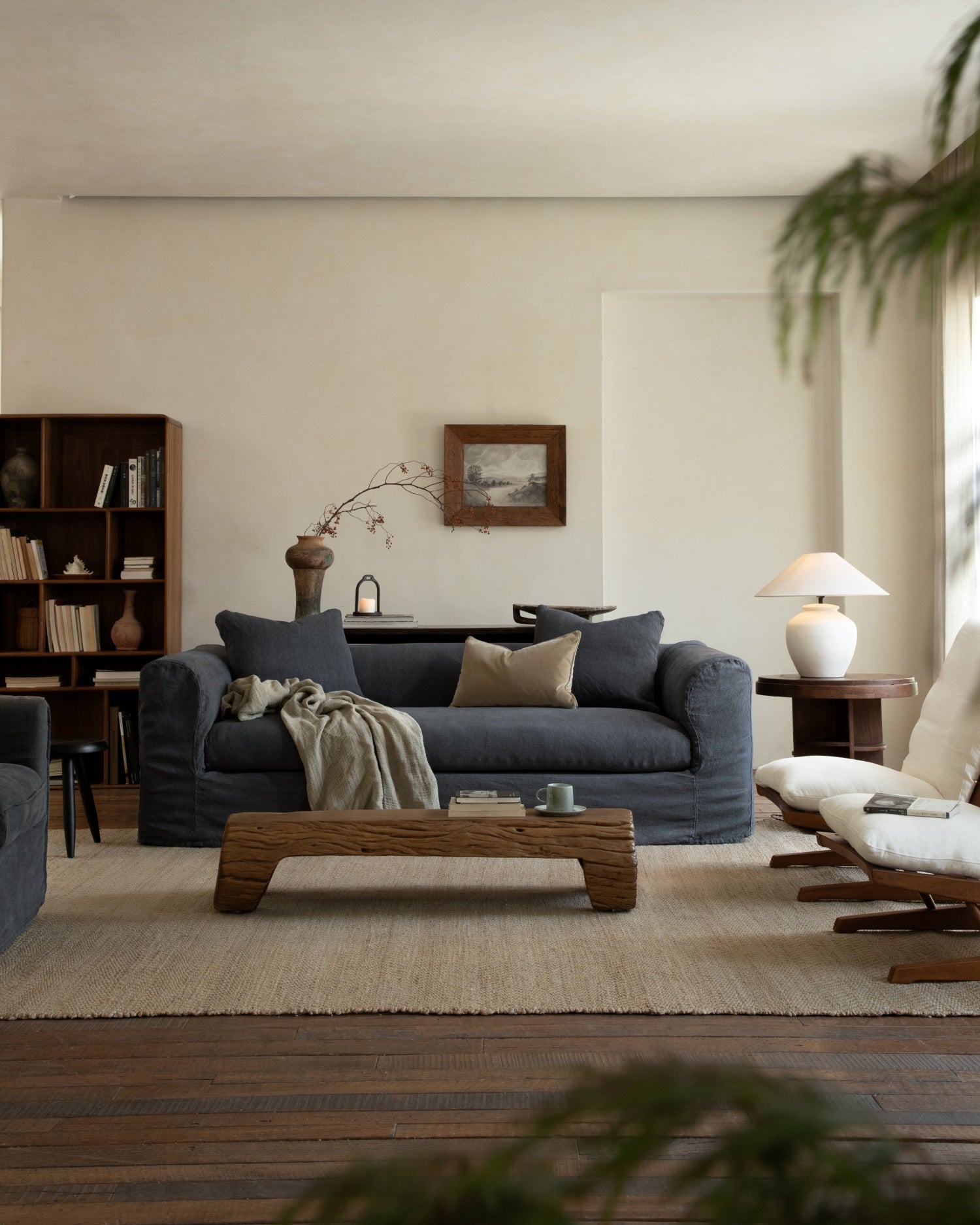 Charlotte Sofa: Vintage Indigo woven linen, plush mid-century modern style