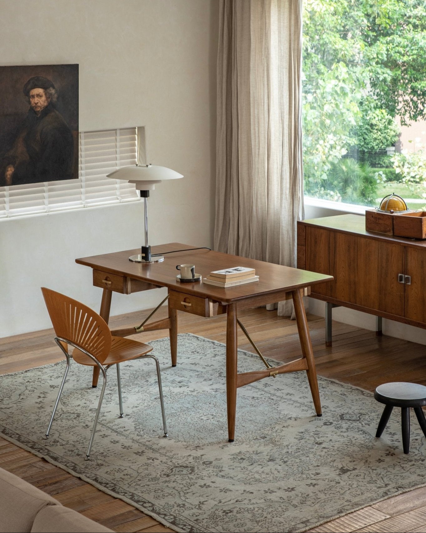 Architect Desk in home office setting, teak wood desk with brass accents, modern design