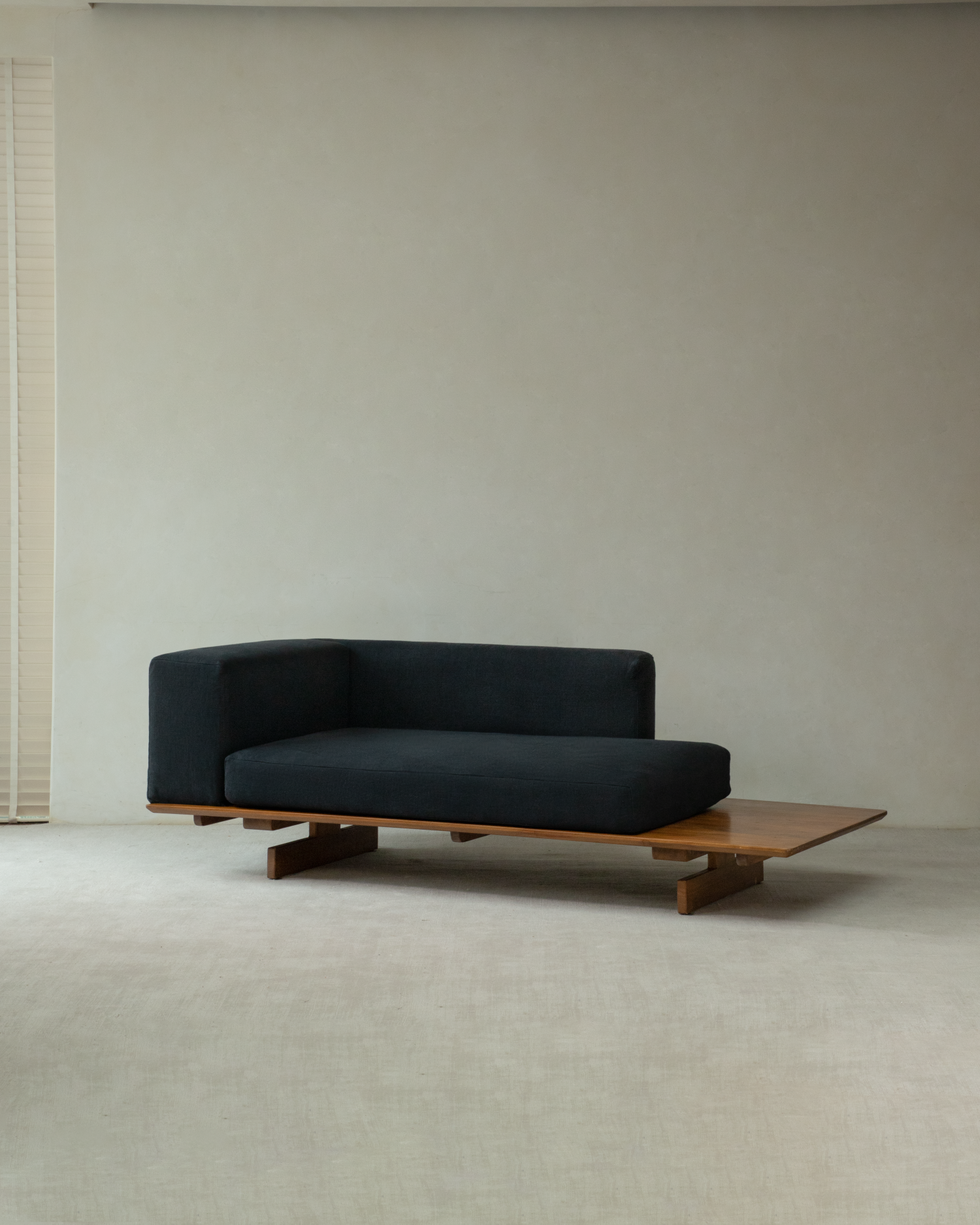 Black Tatami Linen Modular Sofa with natural teak wood base