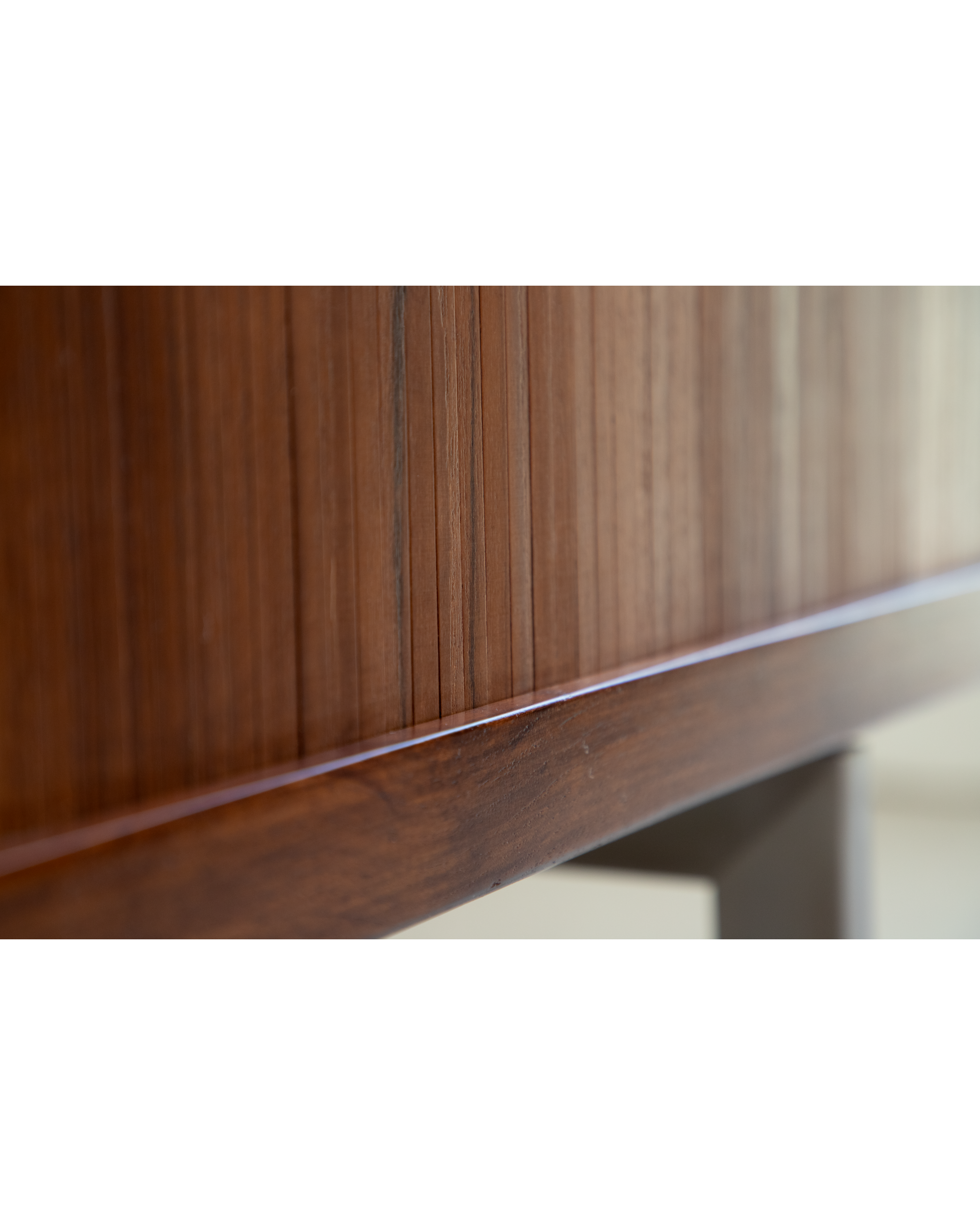 Martin Credenza teak roller shutter detail showing mid-century craftsmanship.