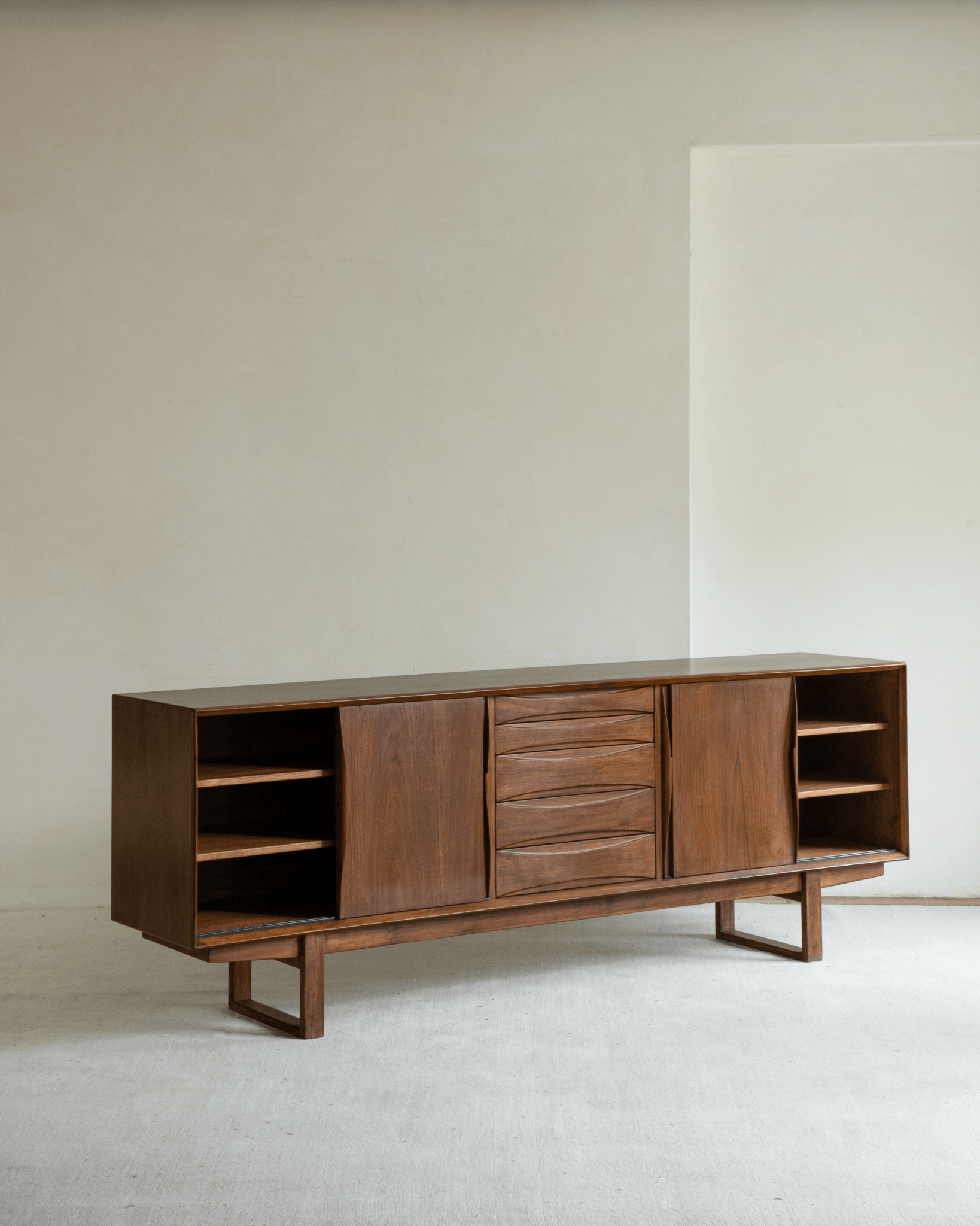 No.454 mid-century teak sideboard with drawers and open shelving