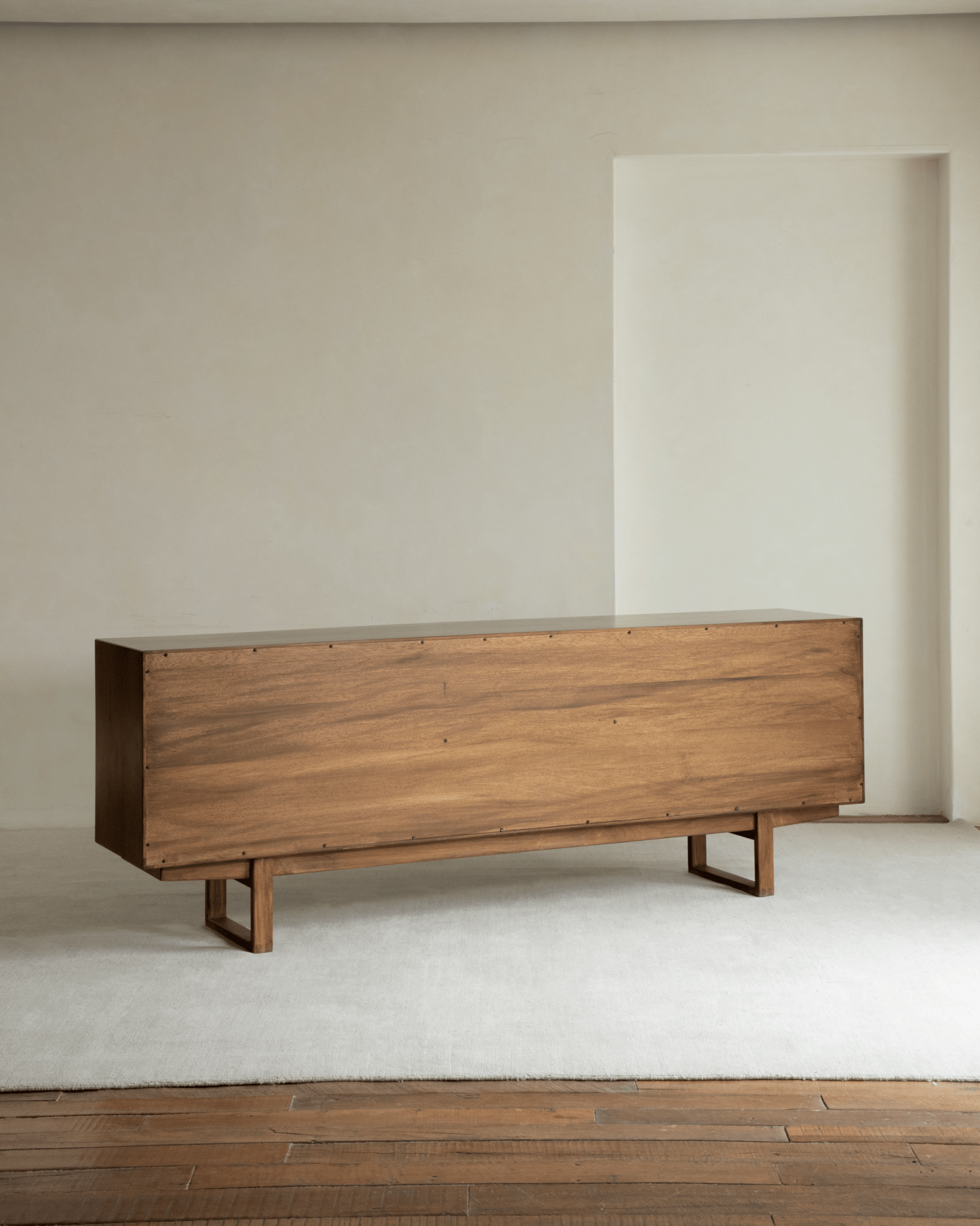 No.454 teak veneer sideboard, back view, mid-century modern design with angled legs