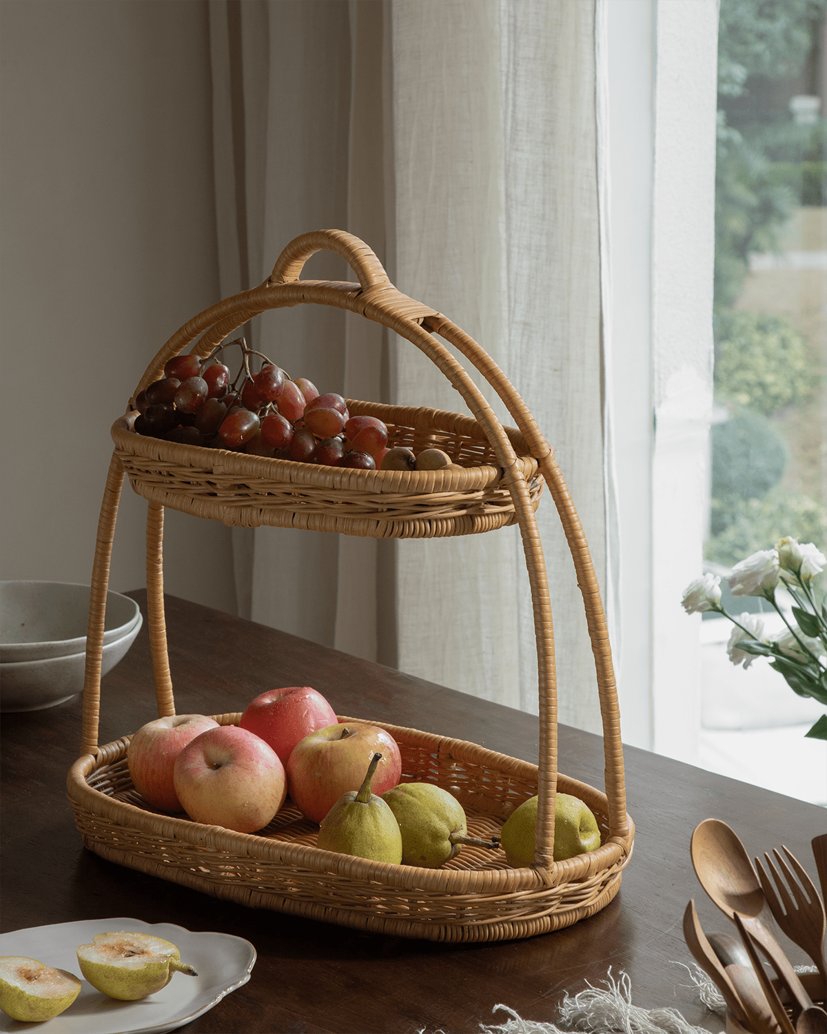 Beatrice Stand: Handwoven natural rattan double-layer fruit tray
