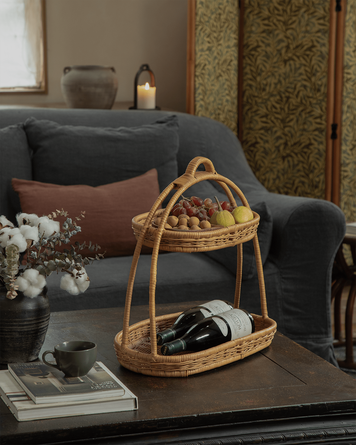 Beatrice Stand: double-tier rattan storage stand with fruit & wine.