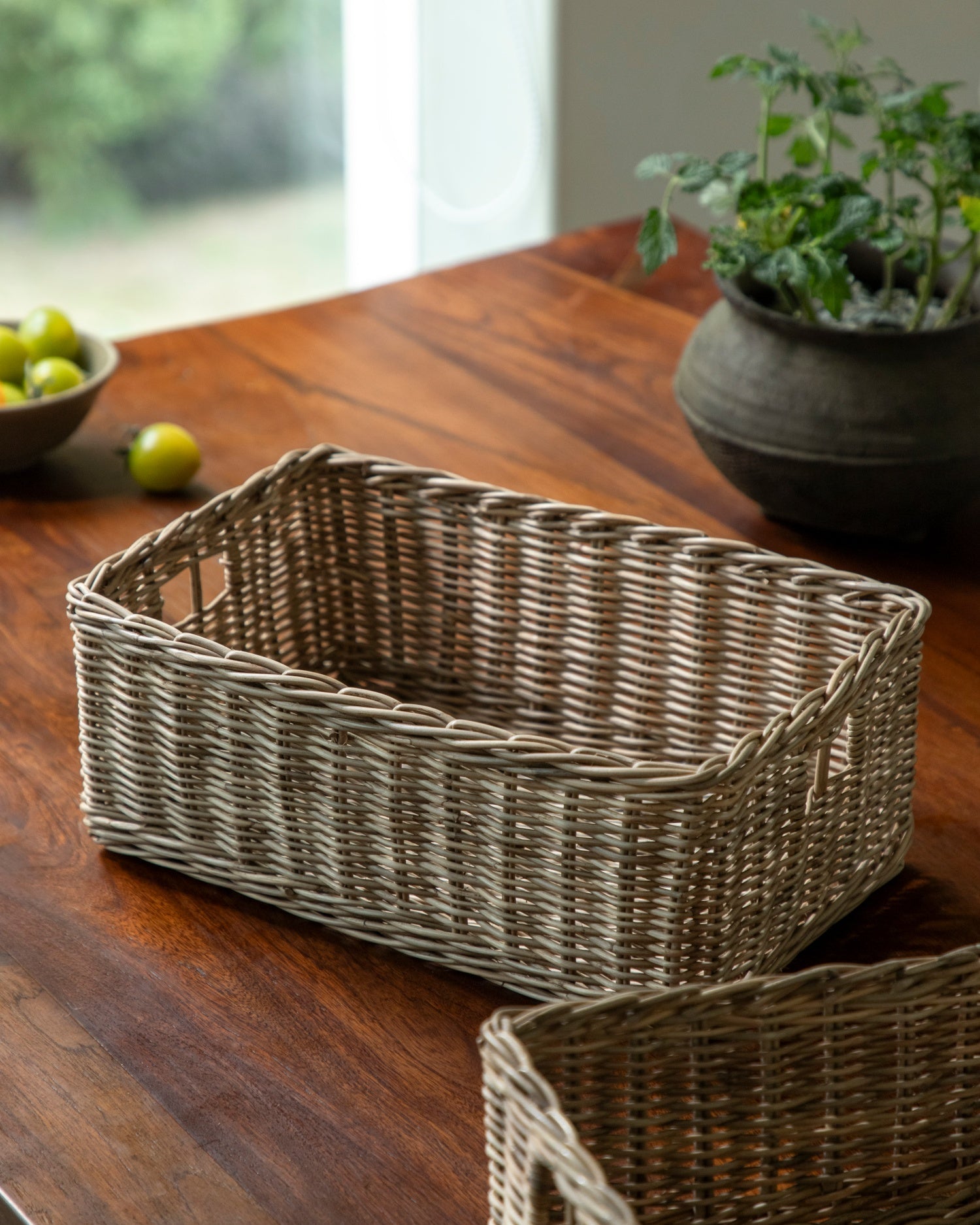 Etta hand-woven natural rattan storage basket with handles, grey-brown