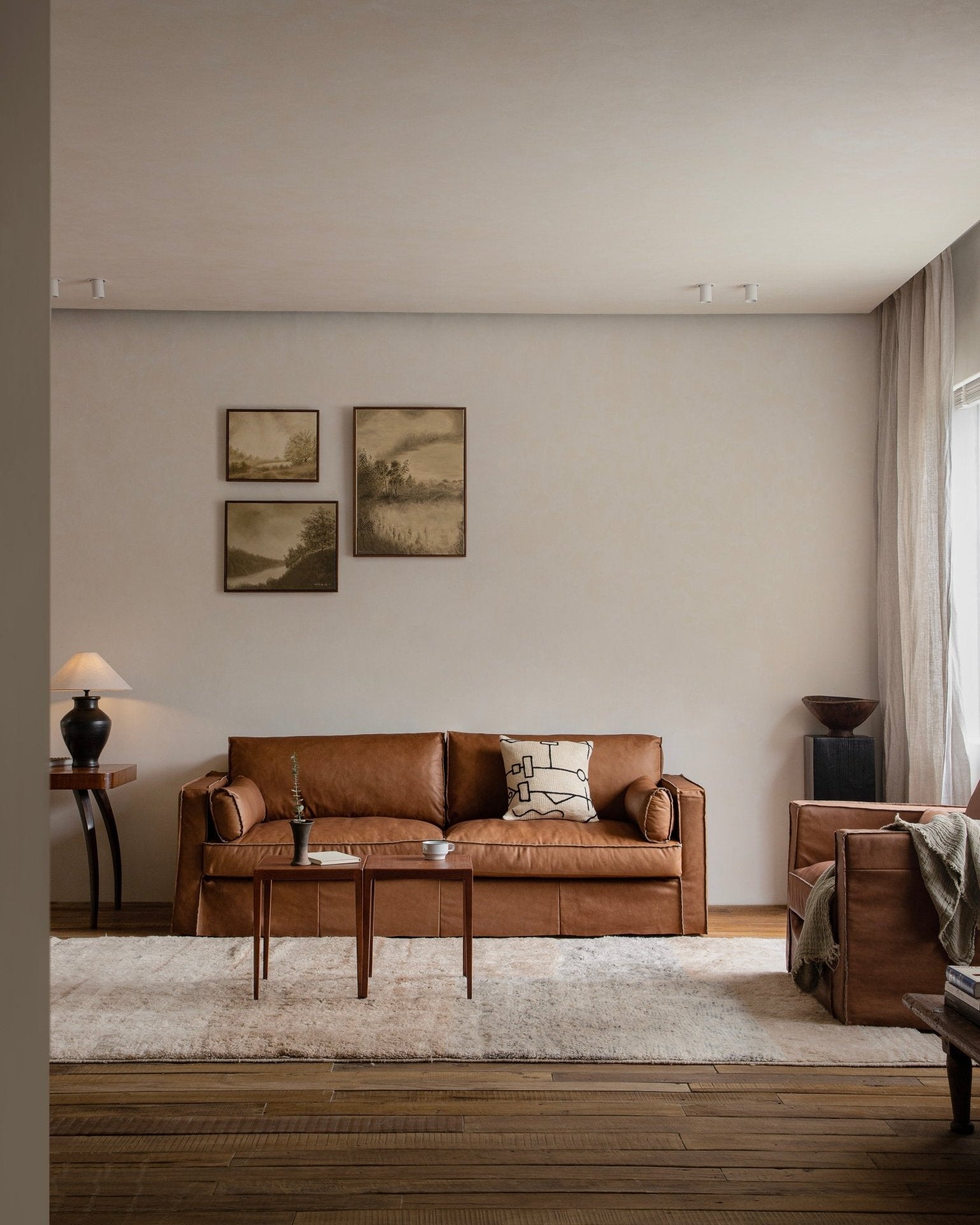 Brown skirt leather sofa in a modern living room setting
