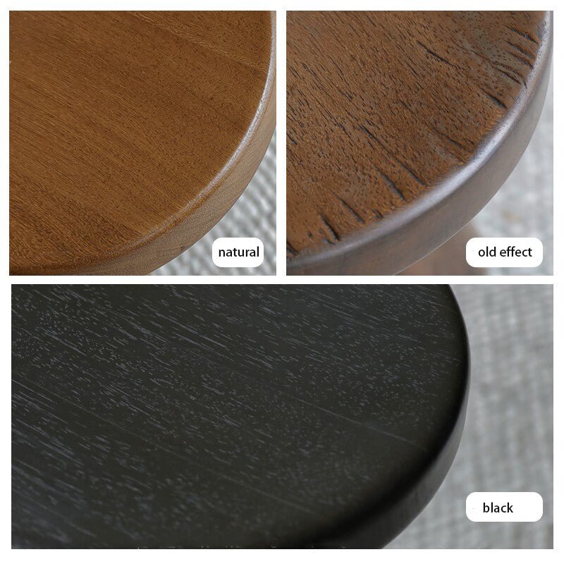 French stools, available in natural wood, old effect, and black finishes, showing wood grain details.
