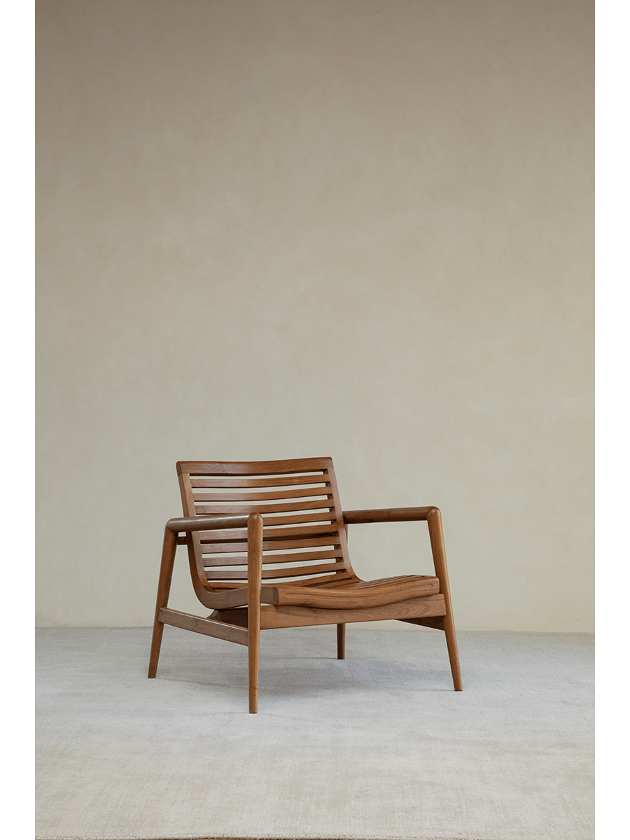Teak wood garden lounge chair with slatted back and armrests, modern design