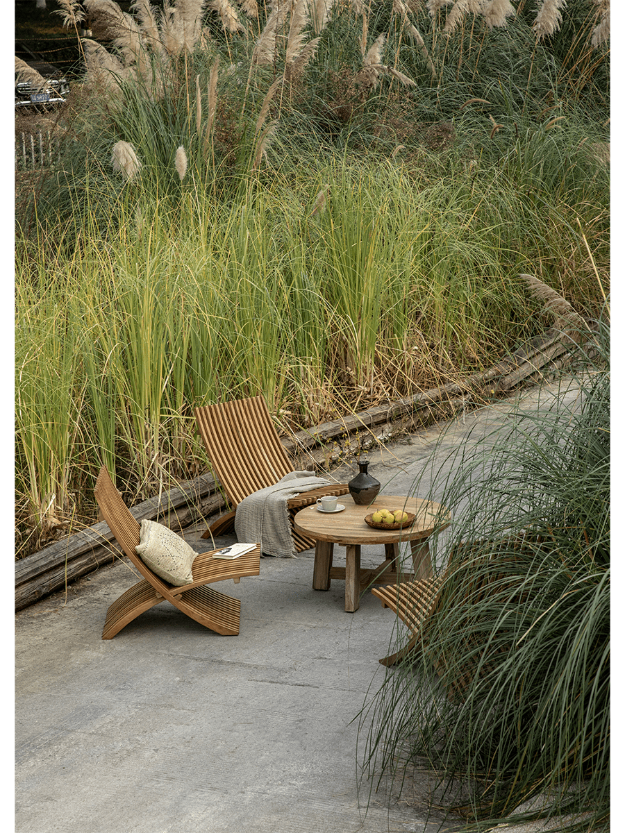 Oly Lounge Chairs: Wooden slatted design, comfortable outdoor seating set for relaxation and style.