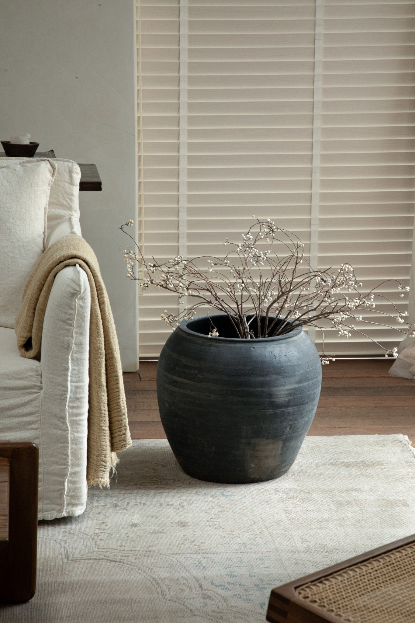 Large vintage clay pot with branches, home decor accent, neutral color palette, clay material