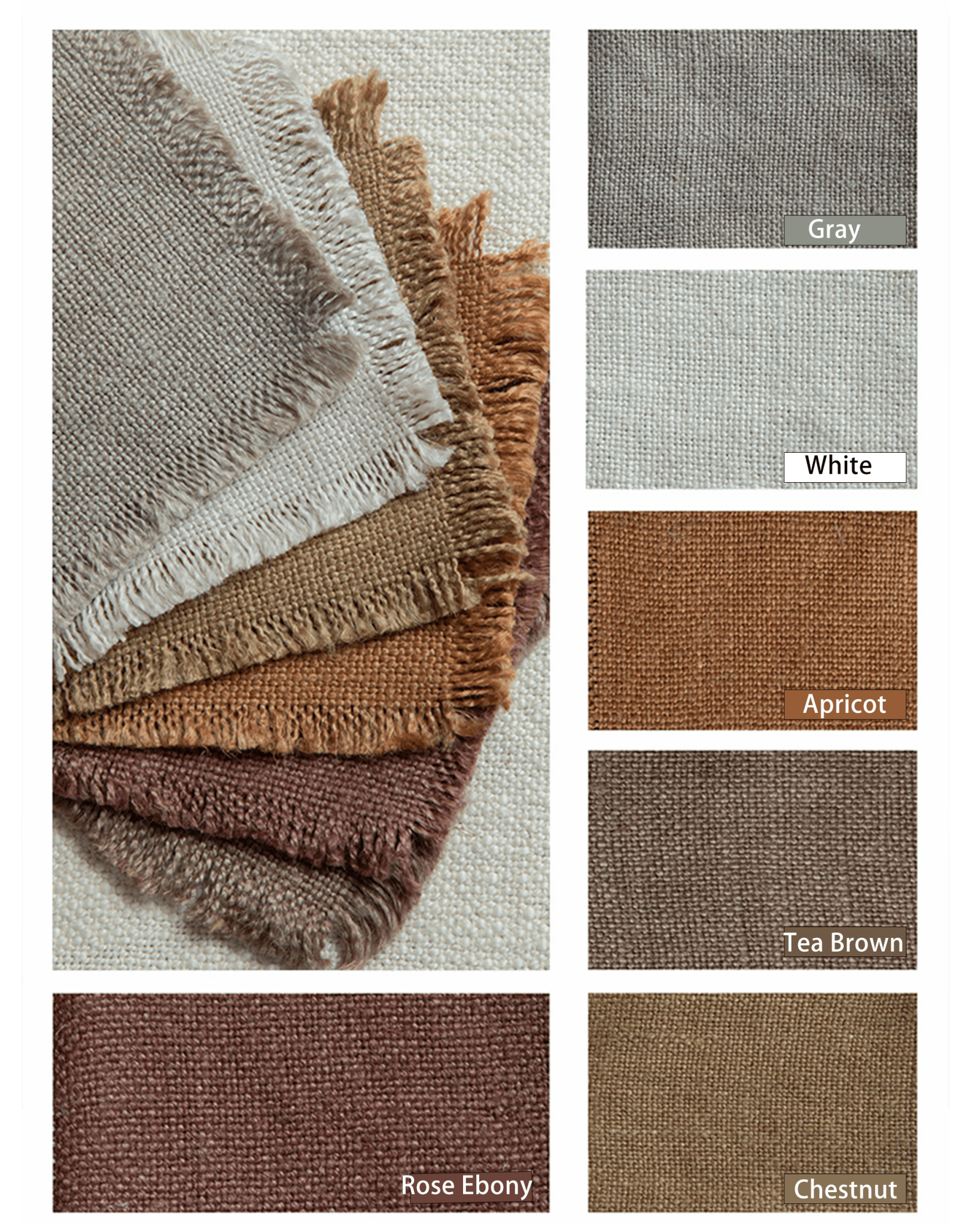 Feast Dining Chair linen fabric swatches: gray, white, apricot, tea brown, rose ebony, chestnut. Linen slipcover options.