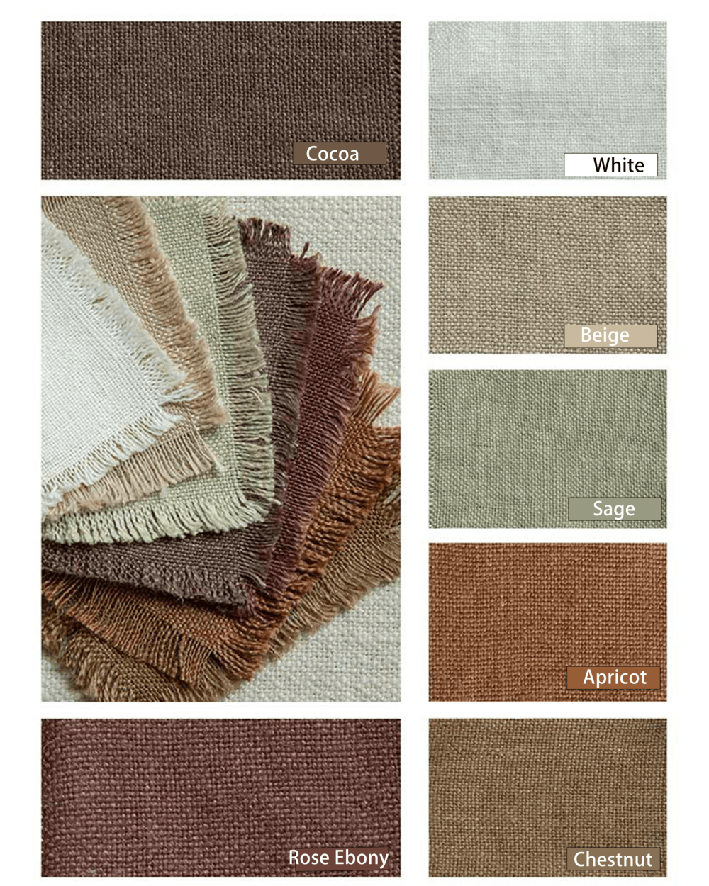 Freya Linen Bed fabric swatches in multiple colors, including Cocoa, White, Beige, and Rose Ebony. Natural linen upholstery.