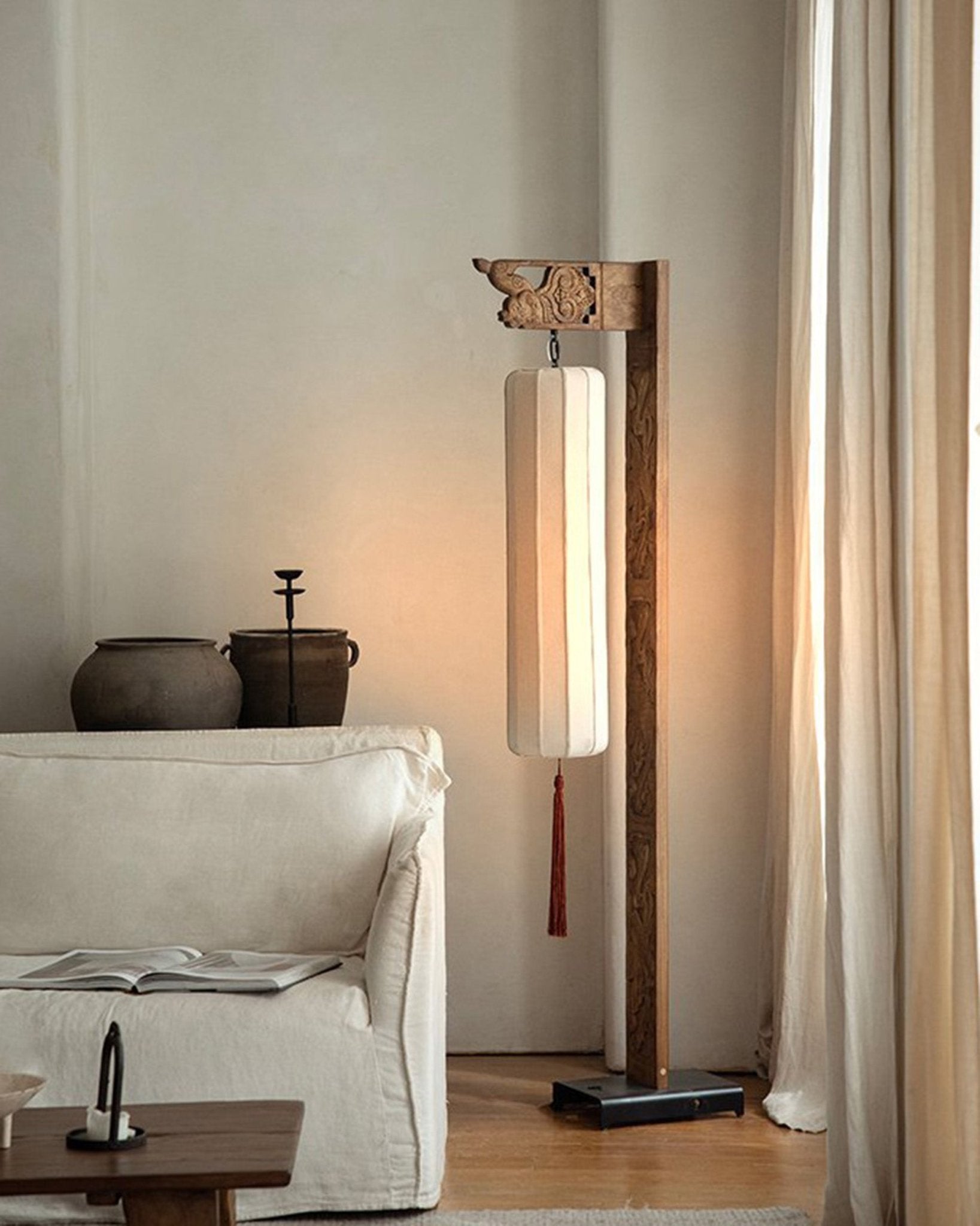 Chinese floor lamp with wooden frame and fabric shade. Oriental style home decor.