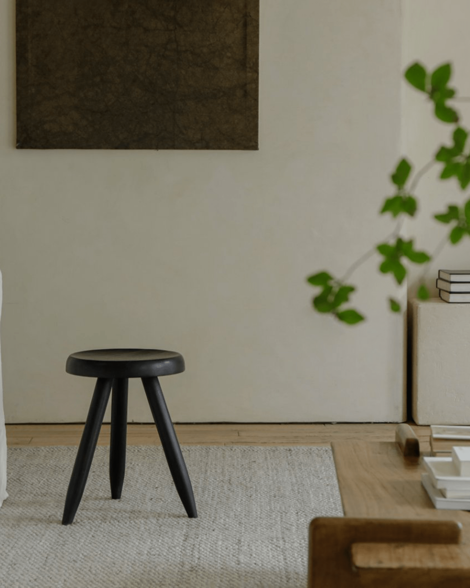 Black French stool, modern home decor, round seat, solid wood, rustic charm