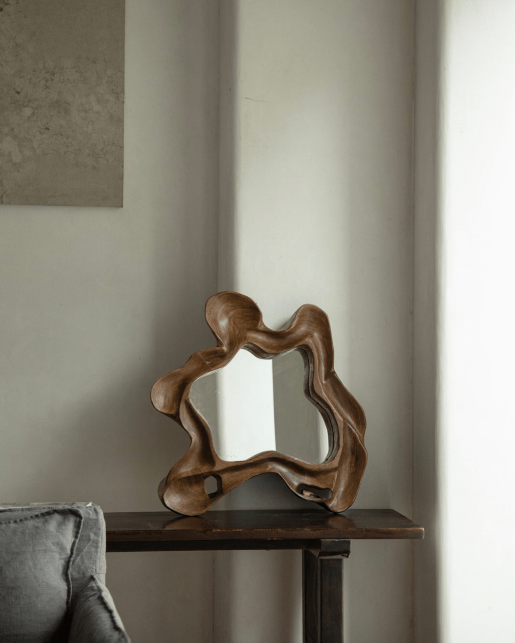 Organic wood Arbor Mirror, handcrafted, unique shape, modern wall decor, interior design focus