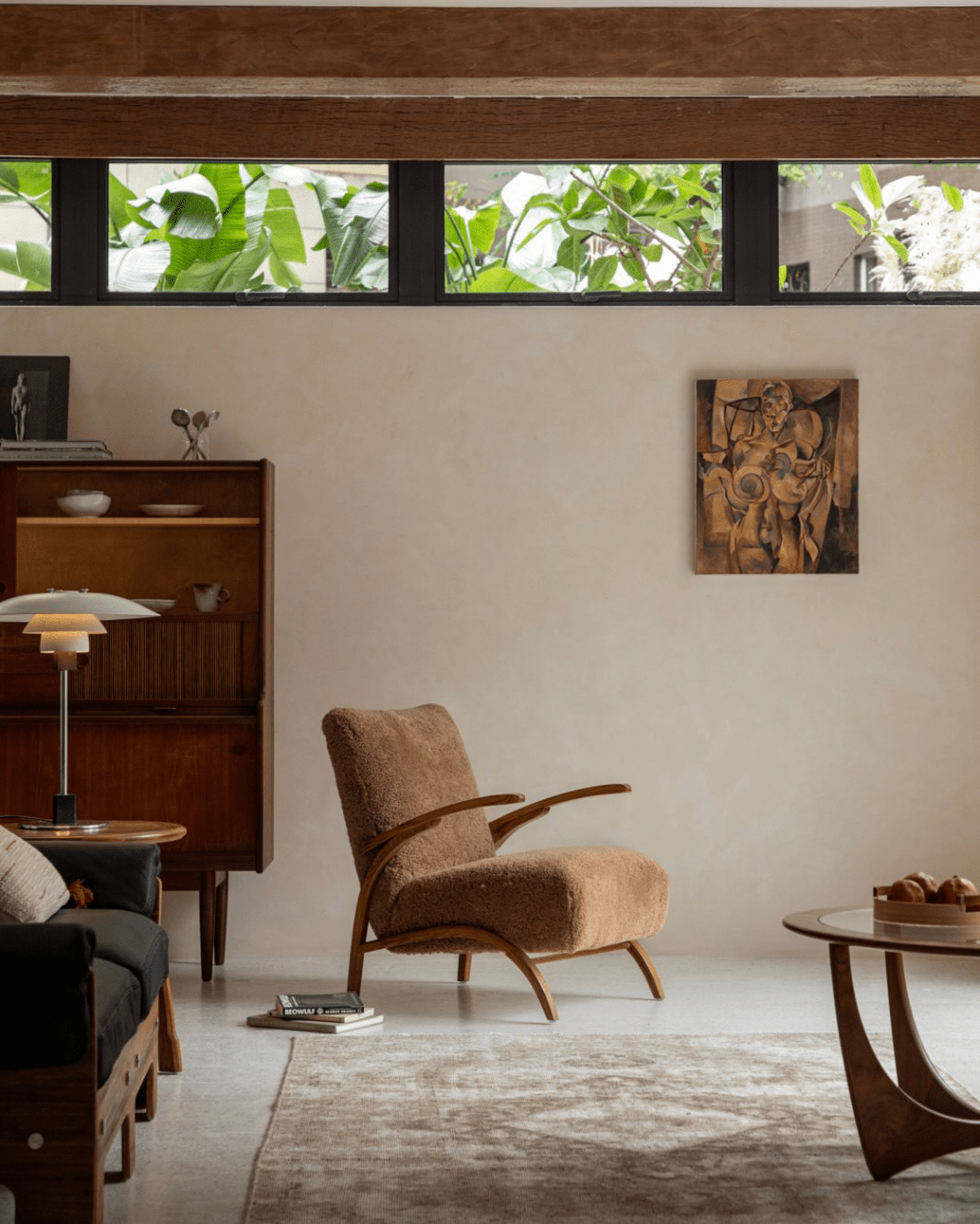 Nebula Lounge Chair, shearling upholstery, red oak frame, mid-century modern living room