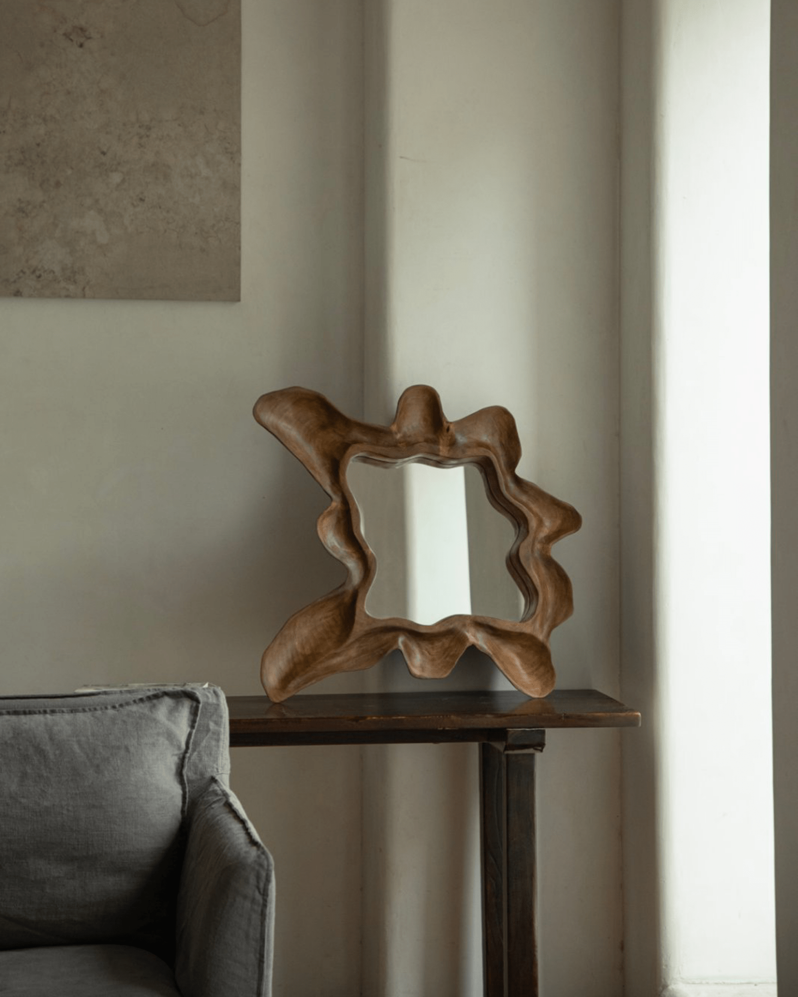 Organic Wood Arbor Mirror, handcrafted natural shape for modern interior decor, wall decor.