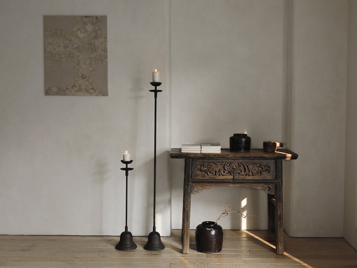 Black iron floor candlestick with lit candles, rustic home decor, available in multiple sizes
