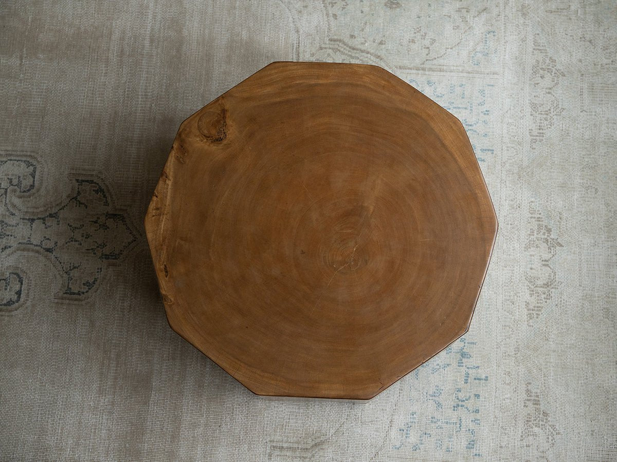 Decagon Side Table crafted from solid rainwood, ten-sided design, showcasing natural wood grain and craftsmanship