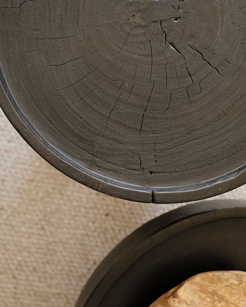 Carbonized black Stamp Coffee Table, rainwood texture, sculptural design, modern living room decor