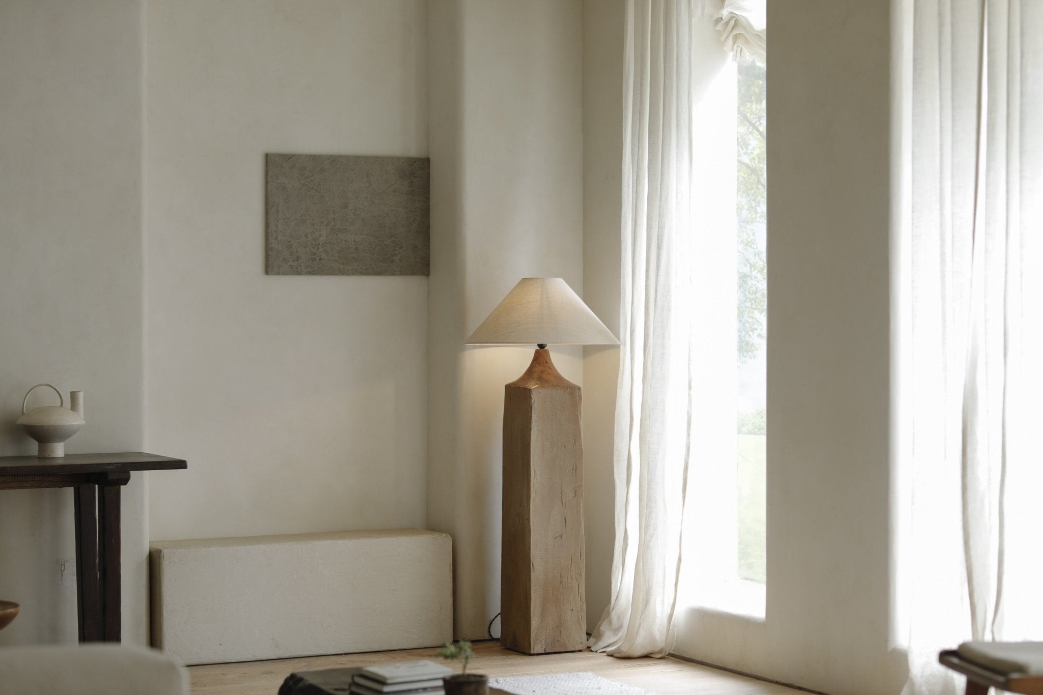 Wooden floor lamp with linen shade, minimalist design, Chinese Plug Type A, living room decor