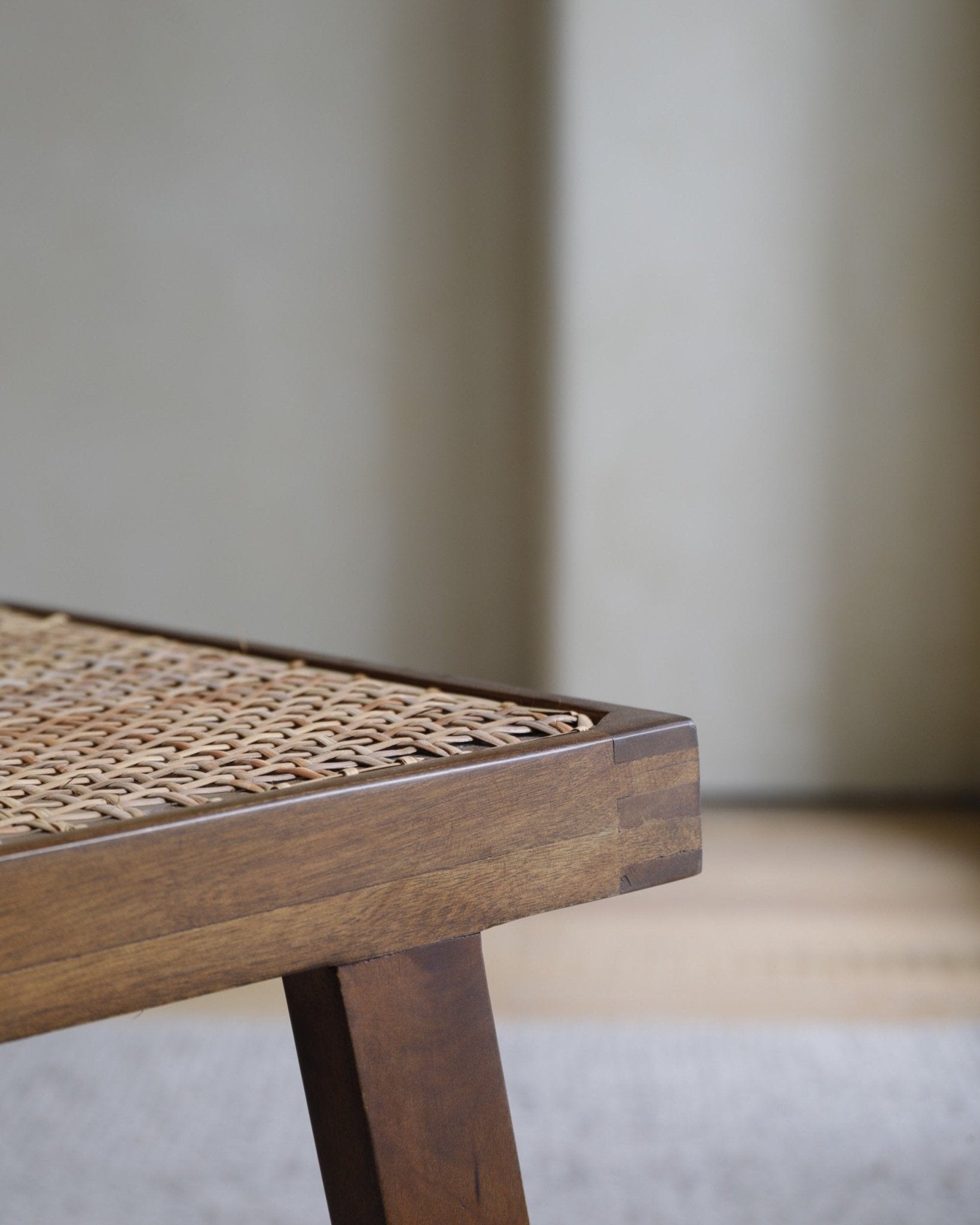 Chandigarh Box Chair detail: woven seat and wooden frame, Mid-Century Modern design