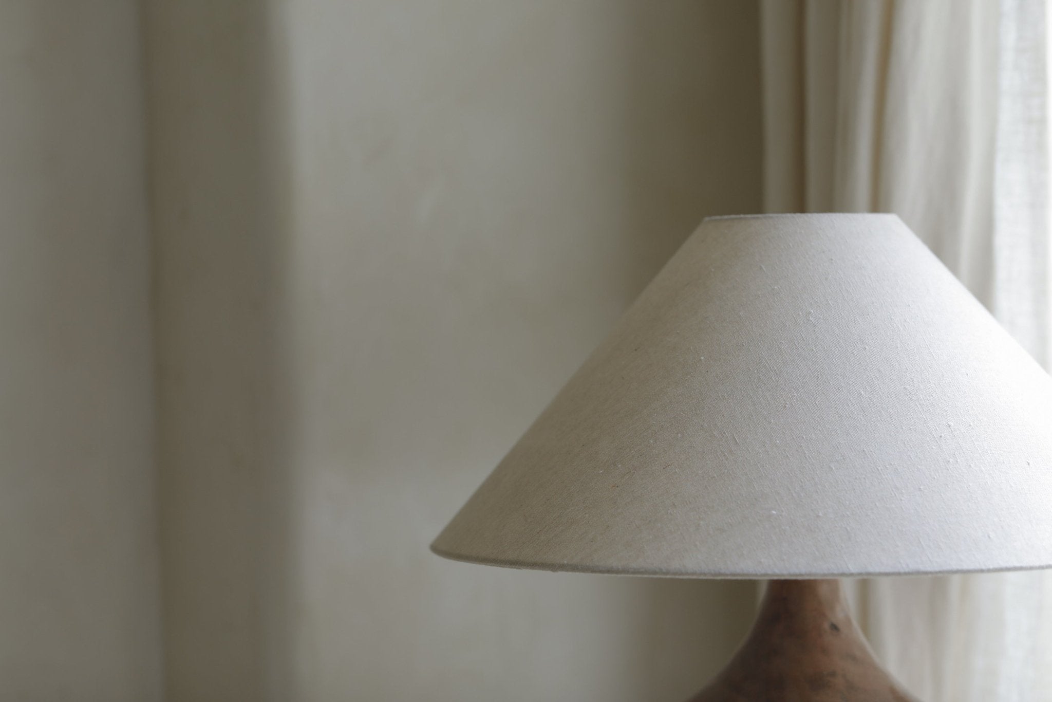 Wooden floor lamp with linen shade. Cream lampshade, Chinese Plug Type A. Cozy living room lighting.
