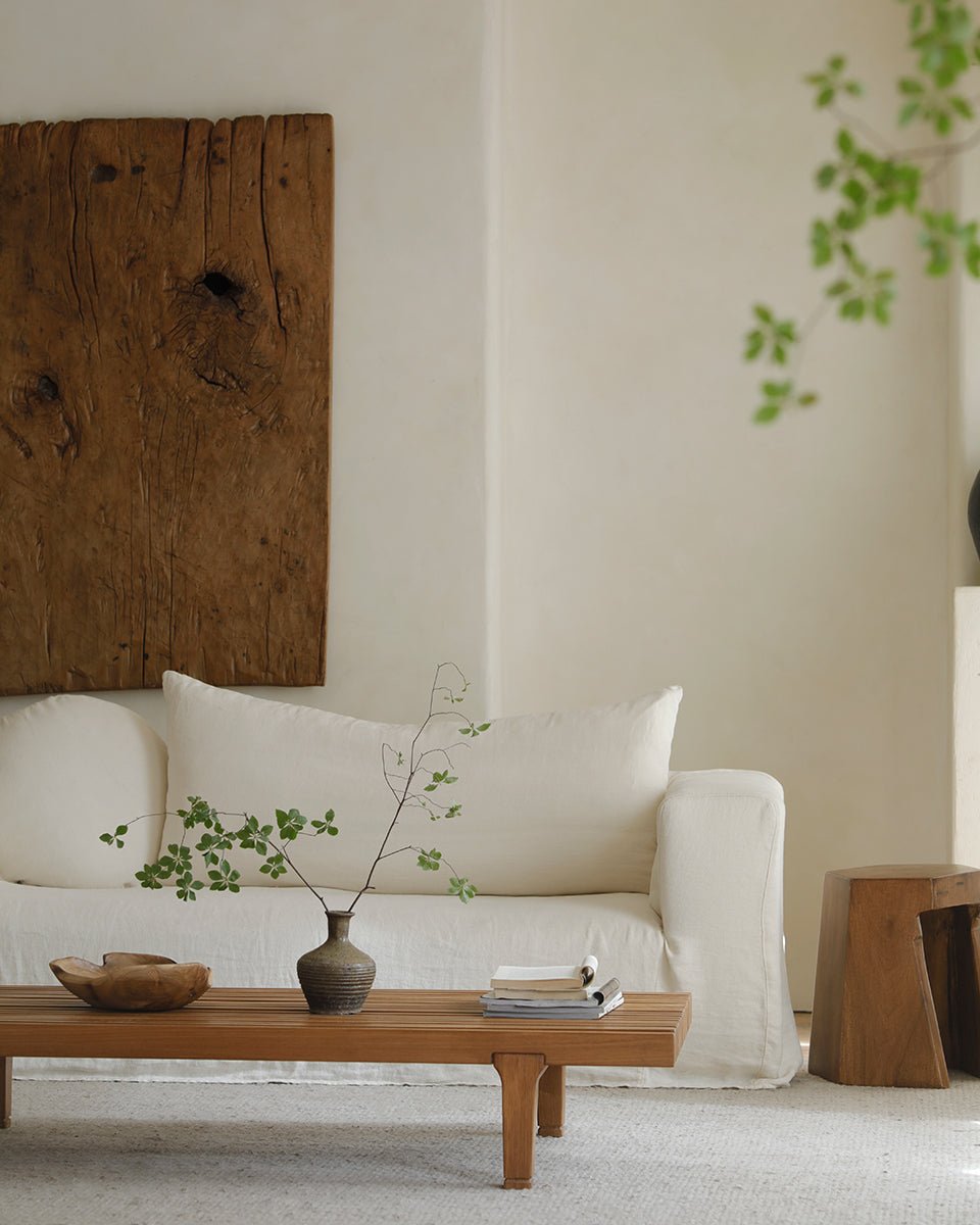 ZM Daybed Coffee Table in living room setting with minimalist design, slatted teak wood, natural style