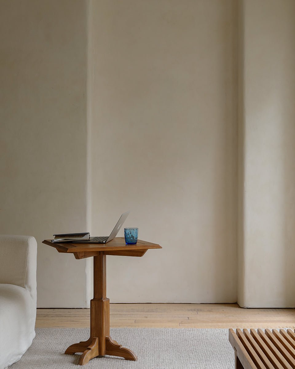 Indonesian teak side table with laptop and blue glass, octagonal shape, geometric design