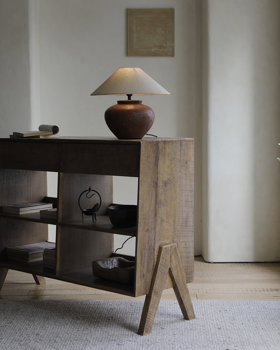 NO.0 Sideboard in reclaimed wood with lamp and decor; vintage storage solution, open shelves