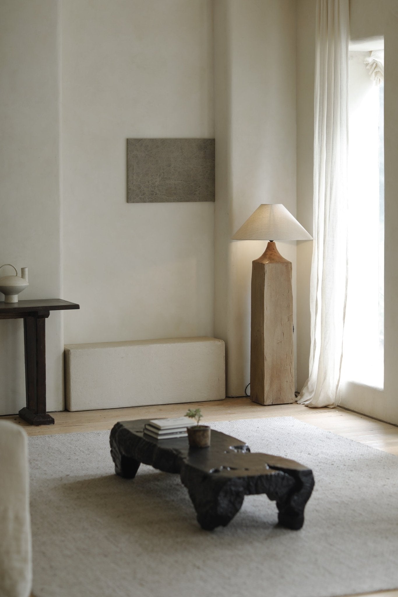 Wooden floor lamp with linen shade, minimalist living room decor, Chinese Plug Type A
