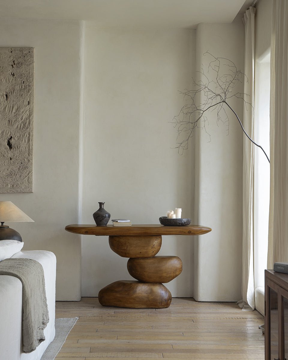 Mesa Console Table made of Samanea saman wood with stacked base, modern living room decor, natural finish, product shot