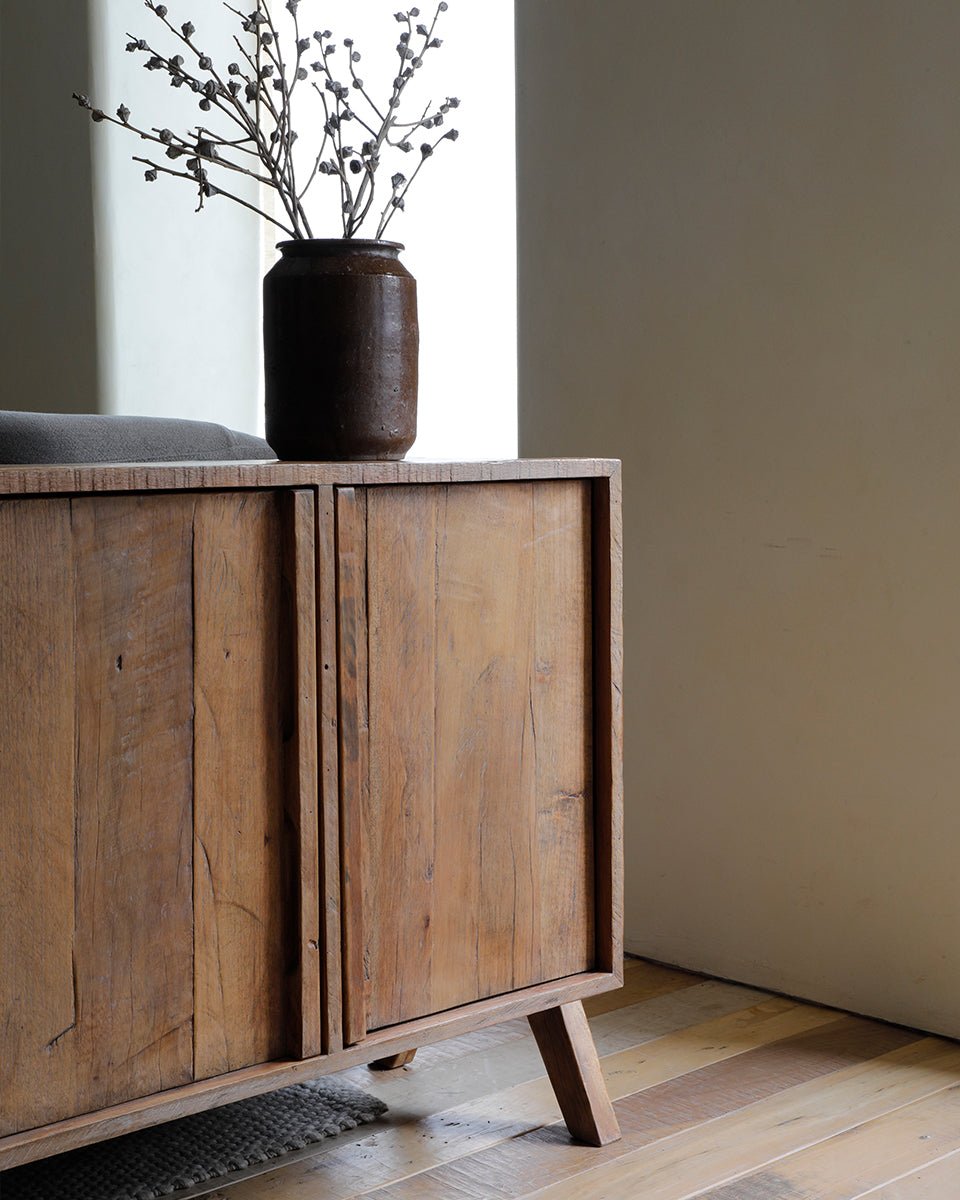 NO.32 Sideboard in rustic reclaimed wood with decorative vase, perfect for stylish and timeless storage
