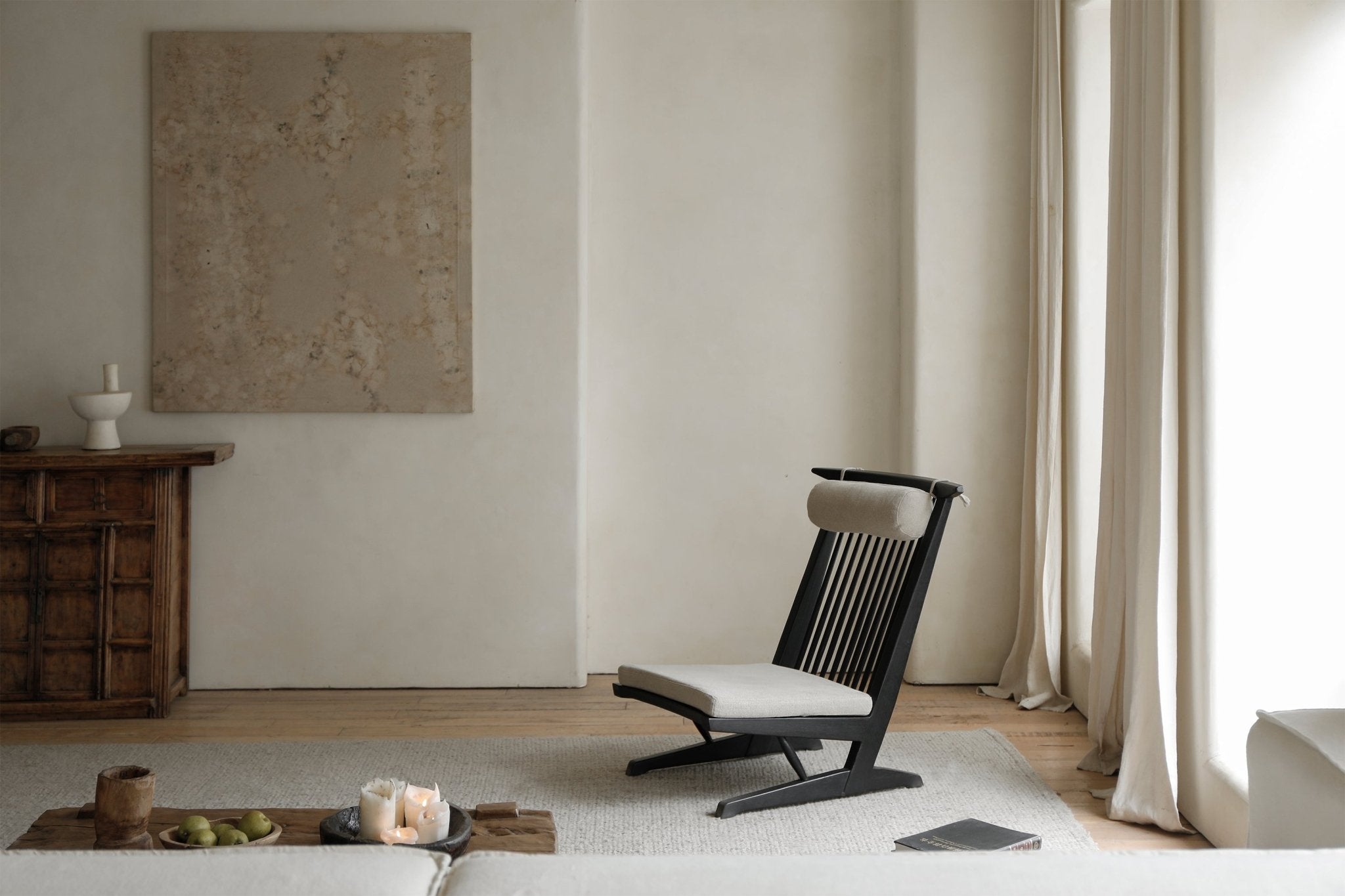 George Lounge Chair in dark wood with light cushion, modern living room design, teak wood lounge chair