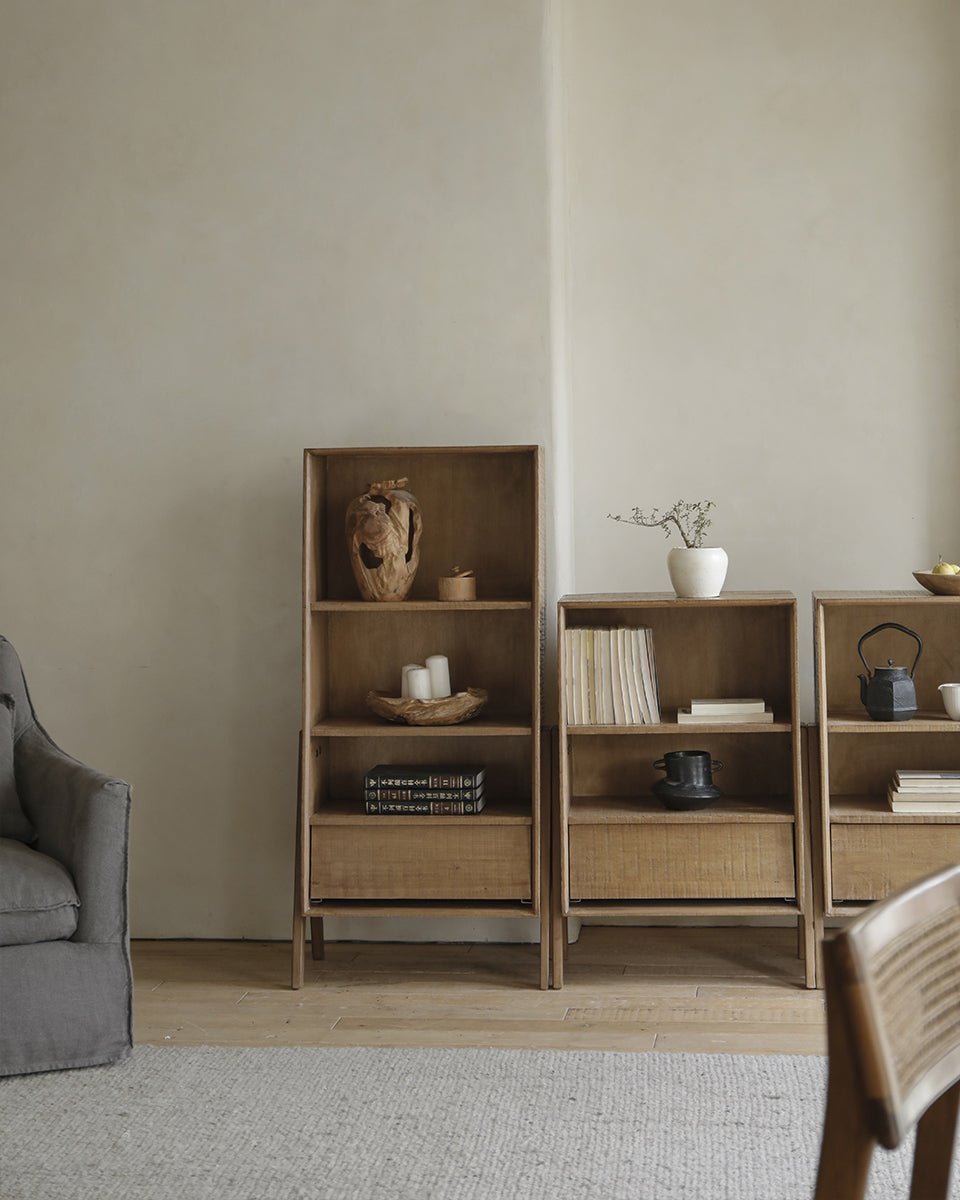 Kin Display Cabinets in a modern rustic living room with neutral decor, offering versatile display and storage options.