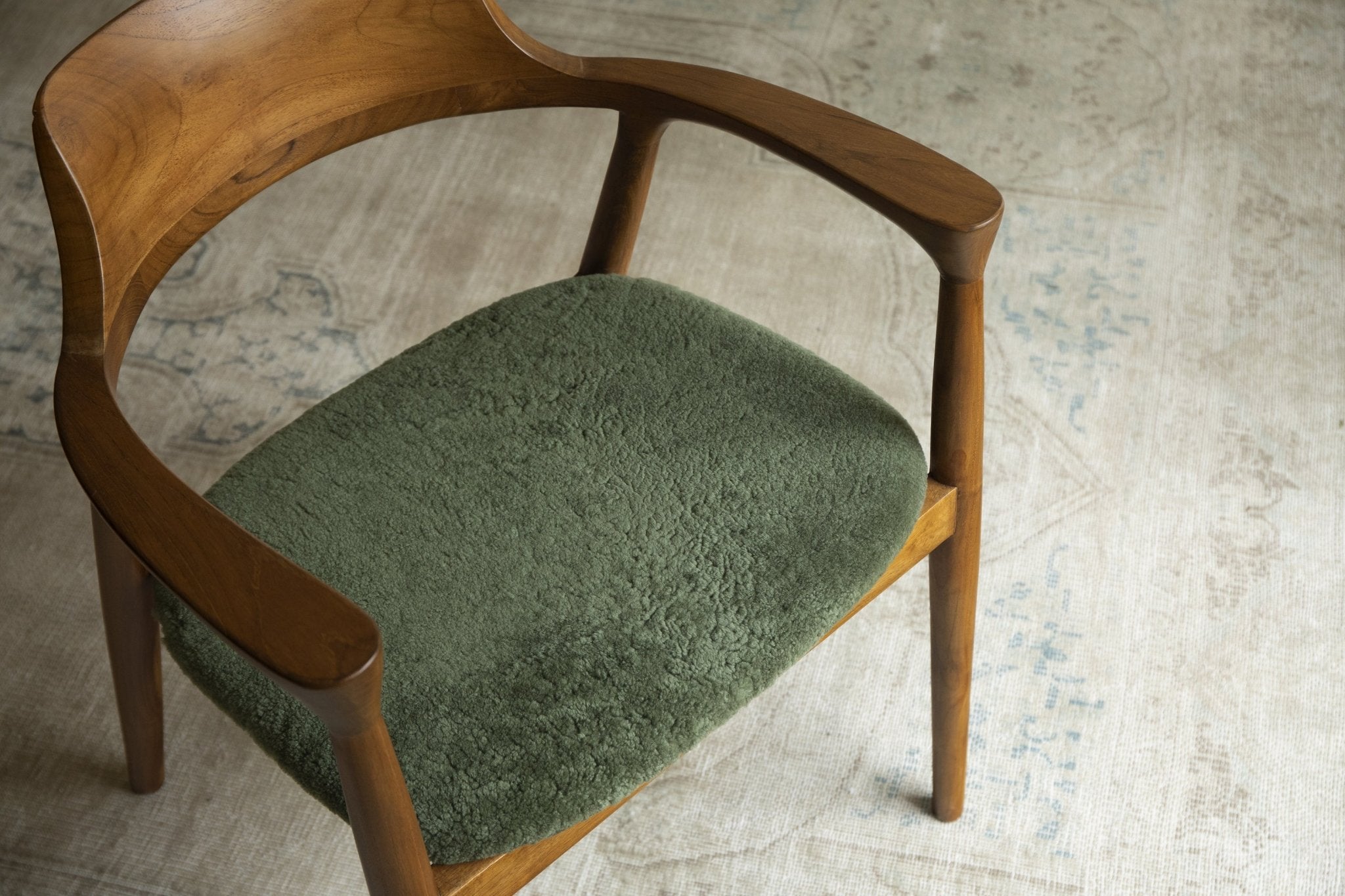 Hiroshima Chair with green seat, solid wood armchair, modern design for living spaces