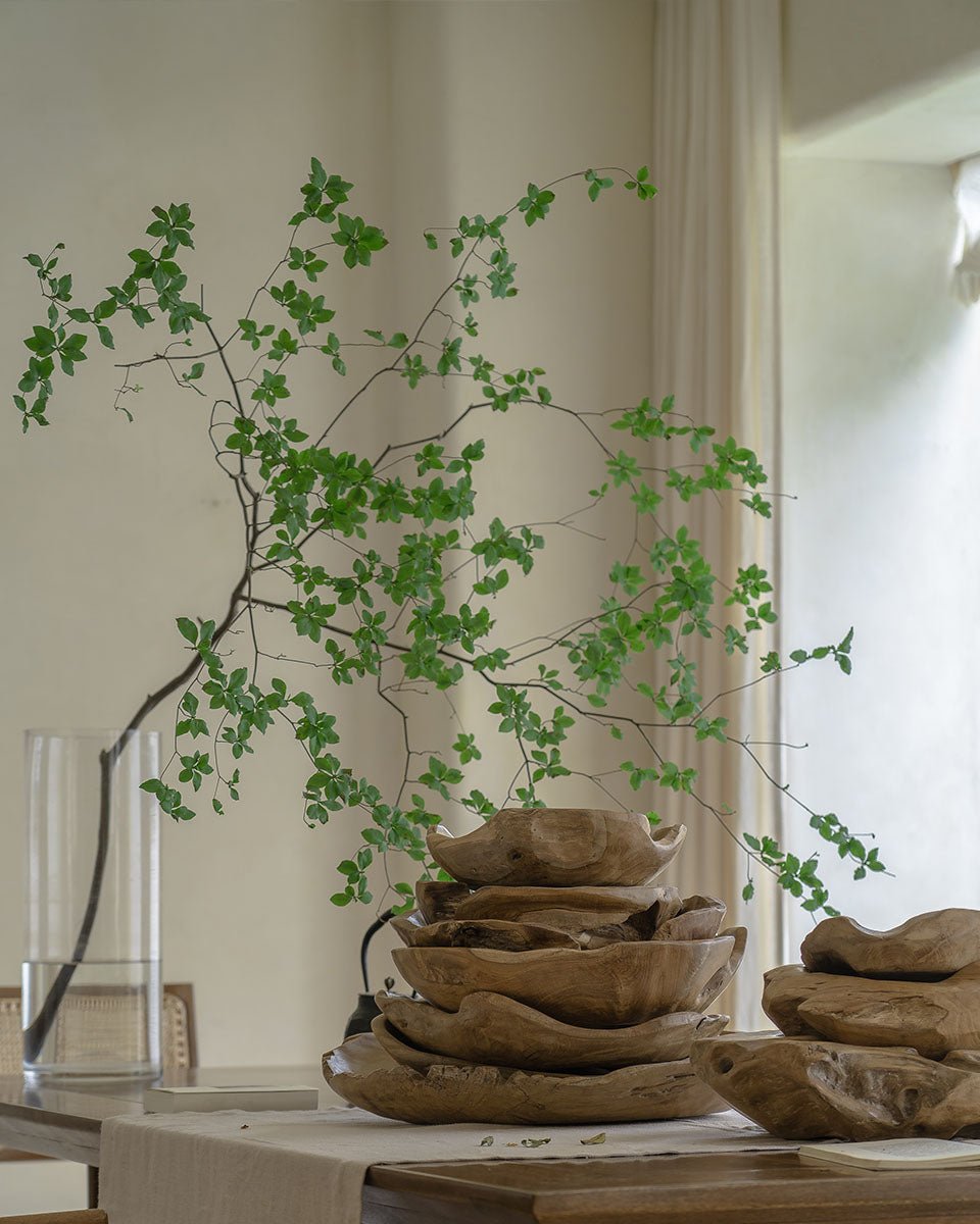 Indonesian Teak wooden platters in various sizes with natural leaves, handmade wooden display for home decor