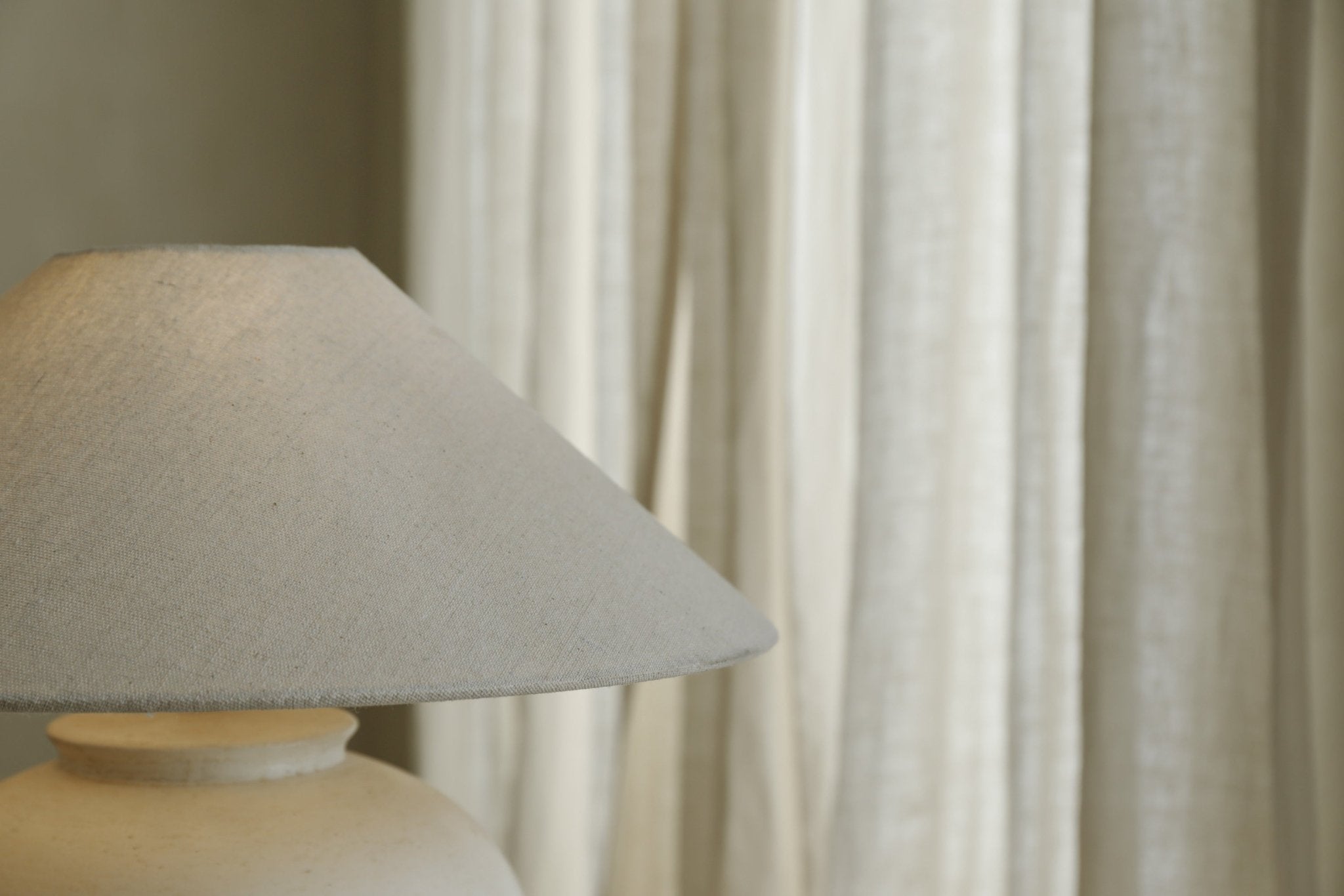 Cream clay Egg Lamp with linen lampshade, interior decor, neutral tones