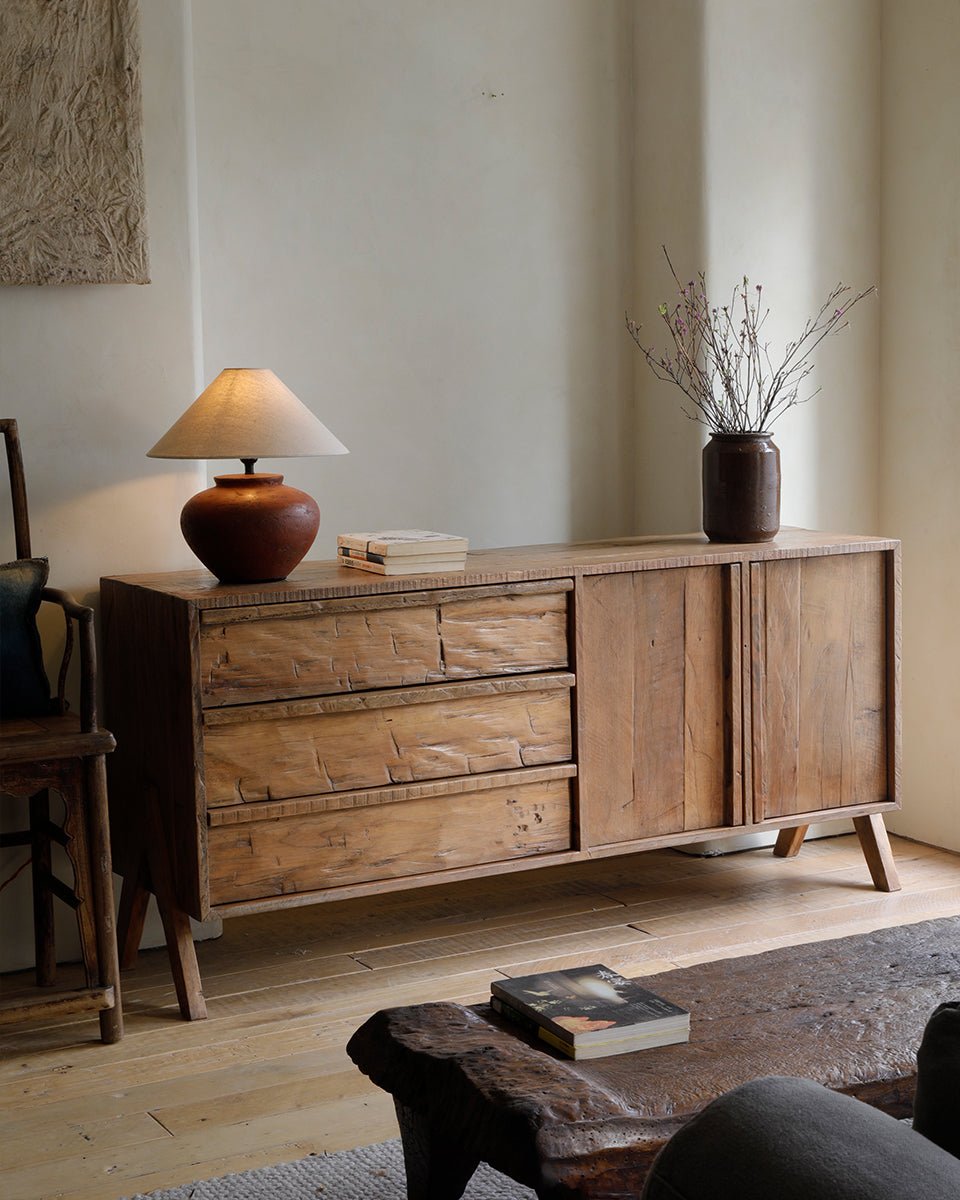 NO.32 Sideboard - Rustic reclaimed wood sideboard with three drawers and two cabinets, perfect for stylish storage.