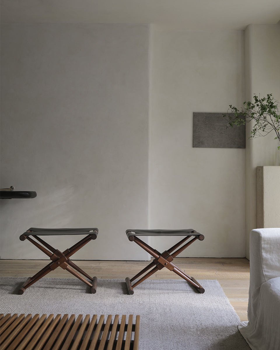 Lux Leather Stool pair, foldable teak frame, saddle leather seat, minimalist interior decor