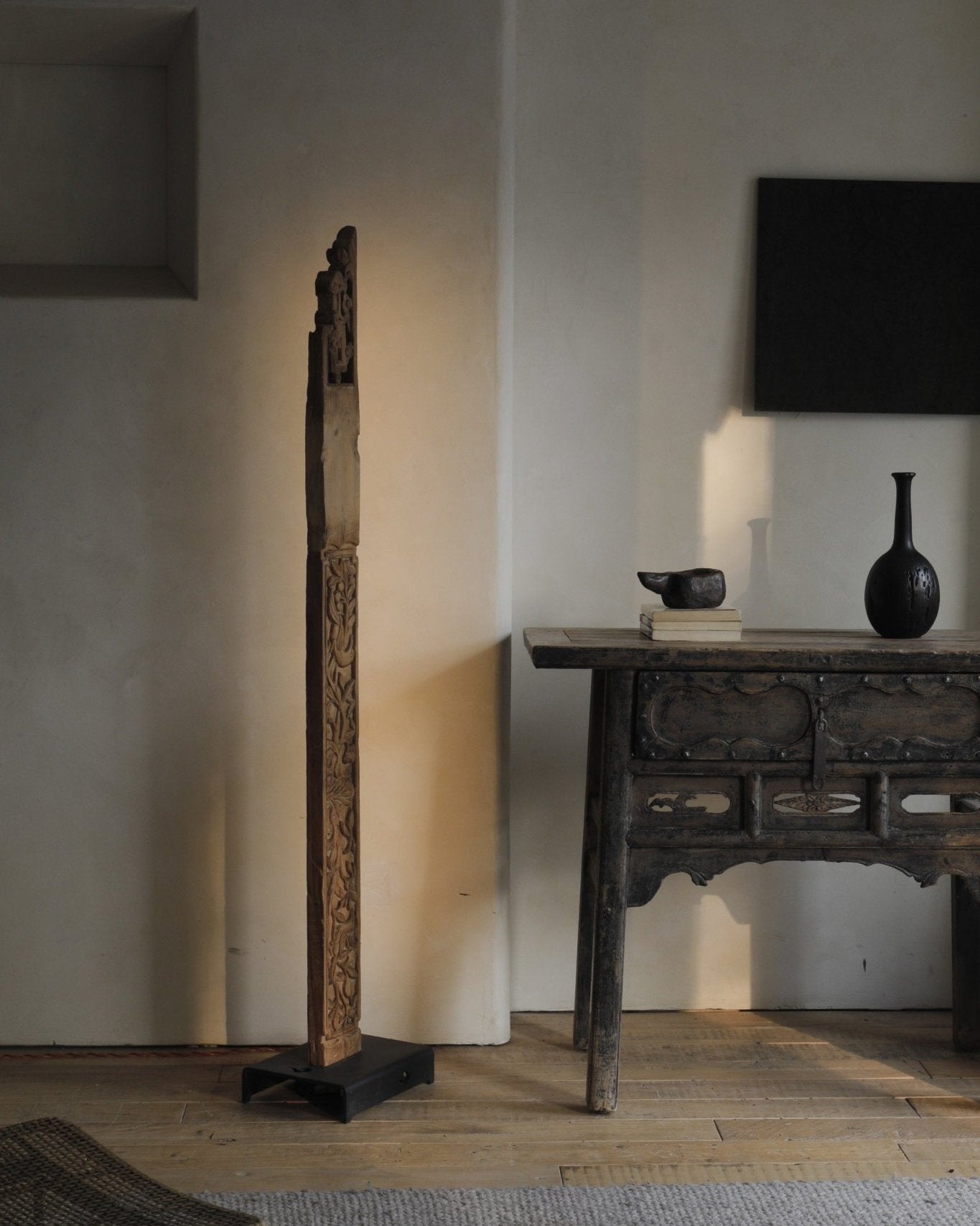 Carved wooden Chinese floor lamp with unique details, antique table, oriental home decor