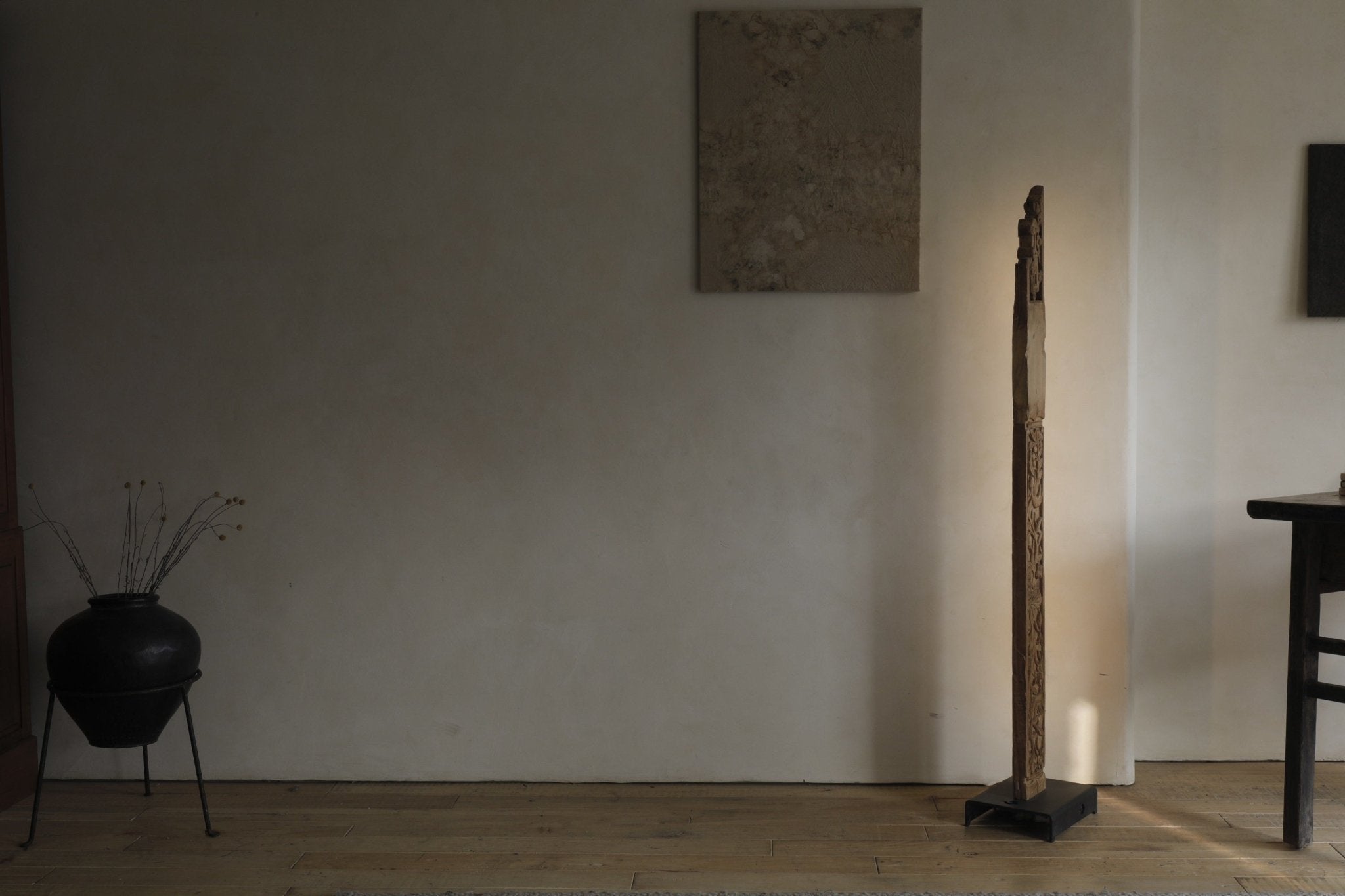 Chinese floor lamp carved wood, oriental home decor, minimalist interior with wooden floor