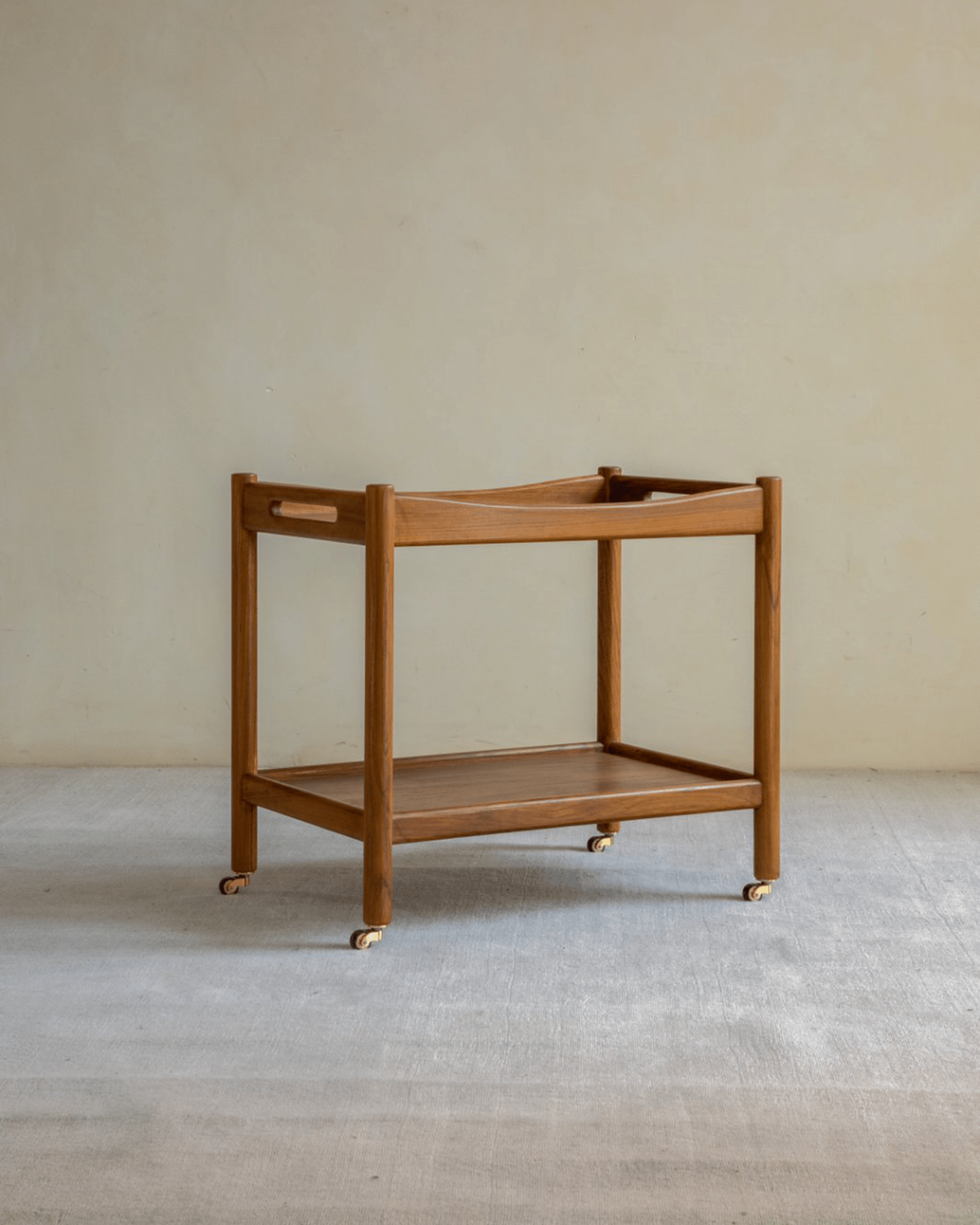 Brooklyn Bar Cart - Wooden bar cart with double-layer storage, brass swivel casters, and easy-grip handle